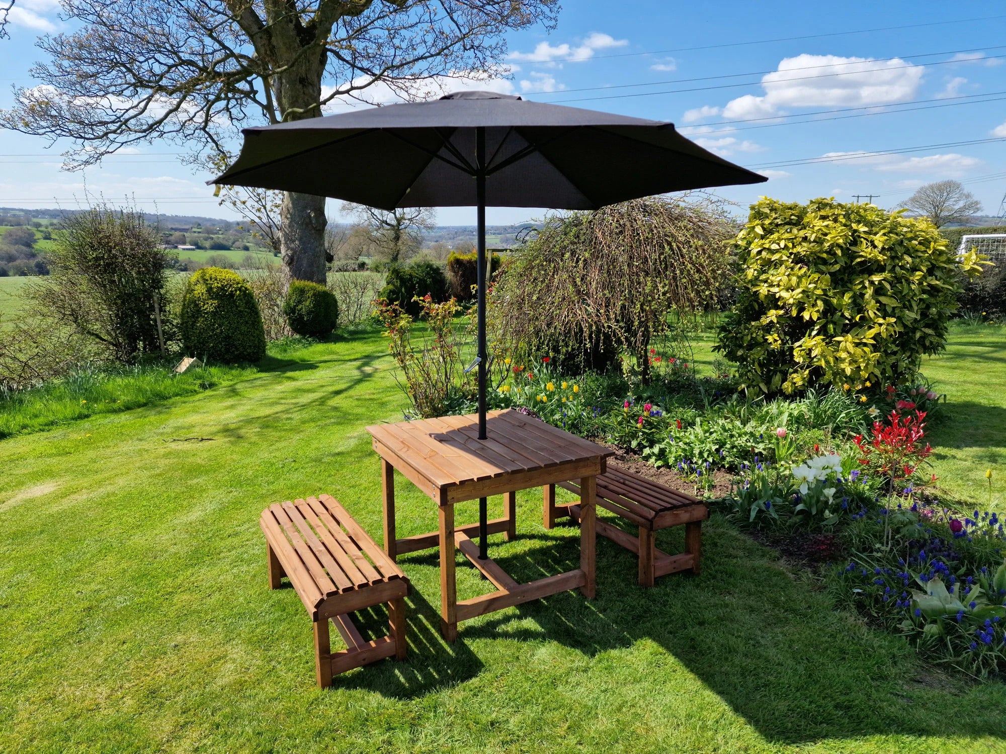 Contemporary Chunky Wooden Picnic Style Table And Bench Set - Seats 4
