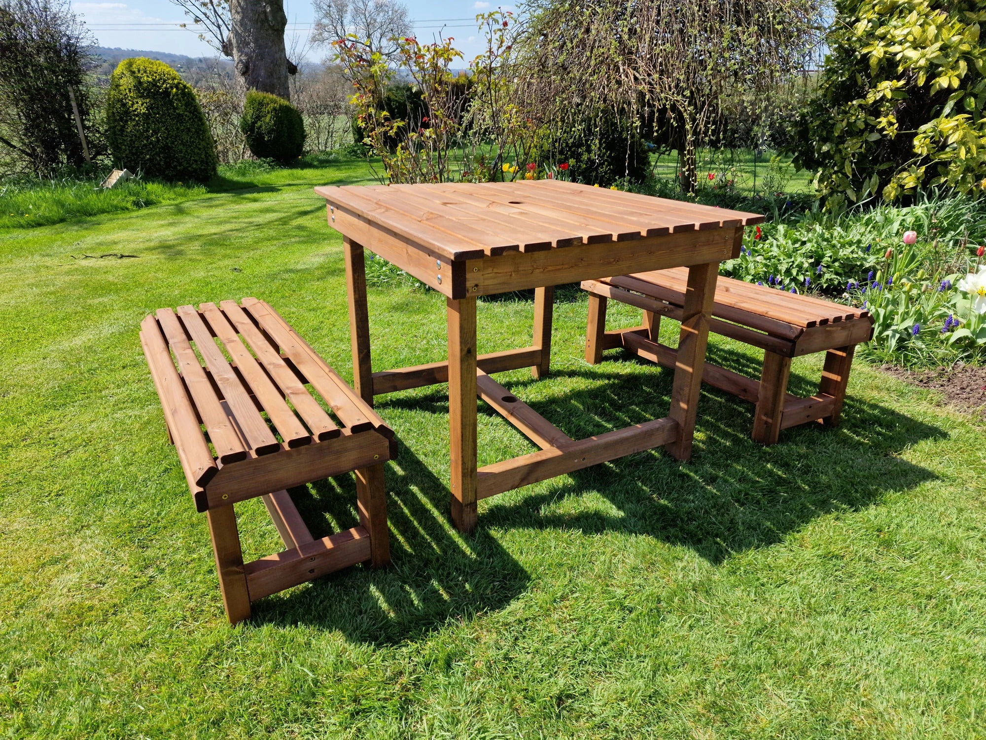Contemporary Chunky Wooden Picnic Style Table And Bench Set - Seats 4