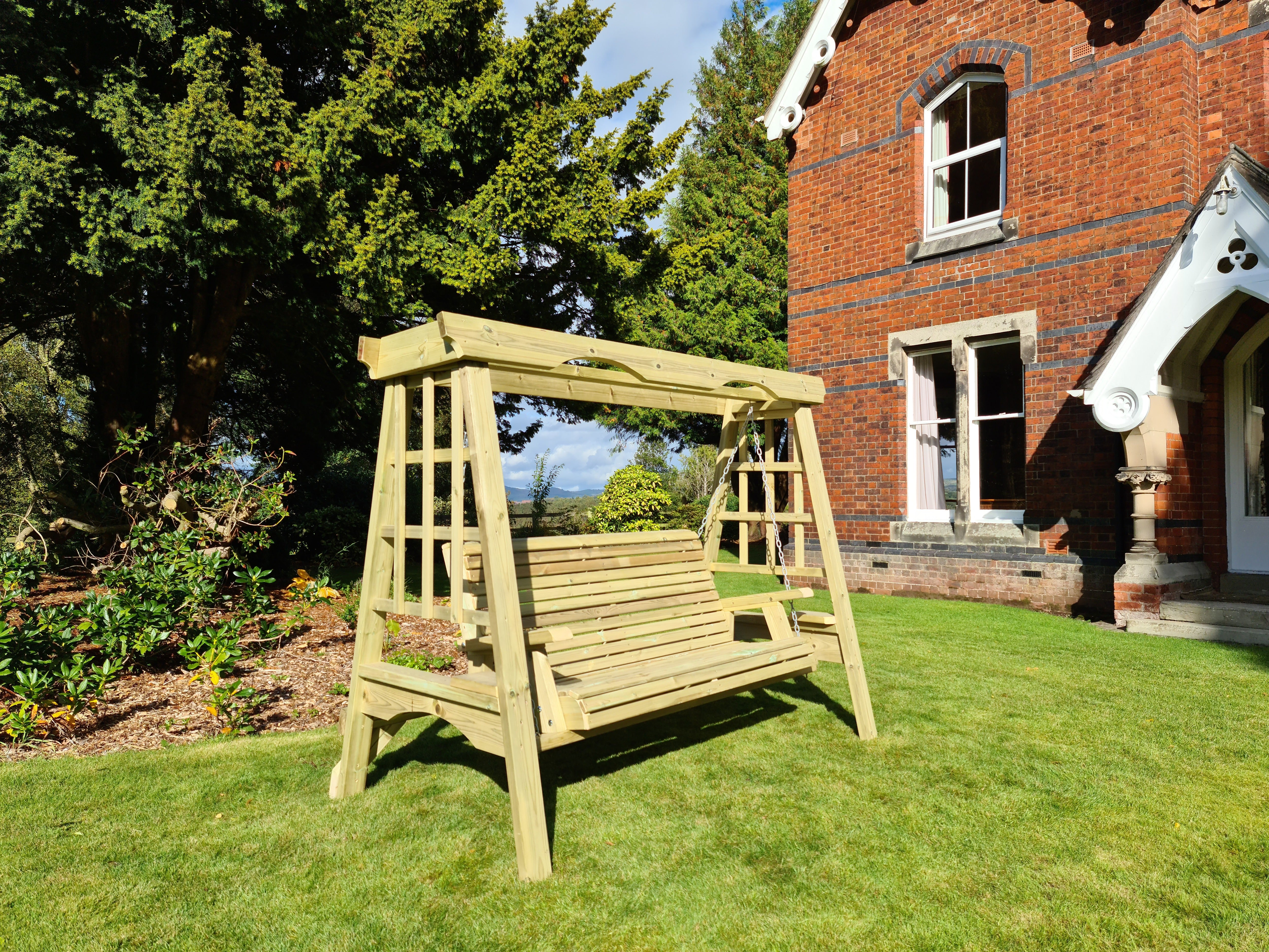 Cottage 3 Seater Chunky Wooden Garden Swing - Churnet Valley