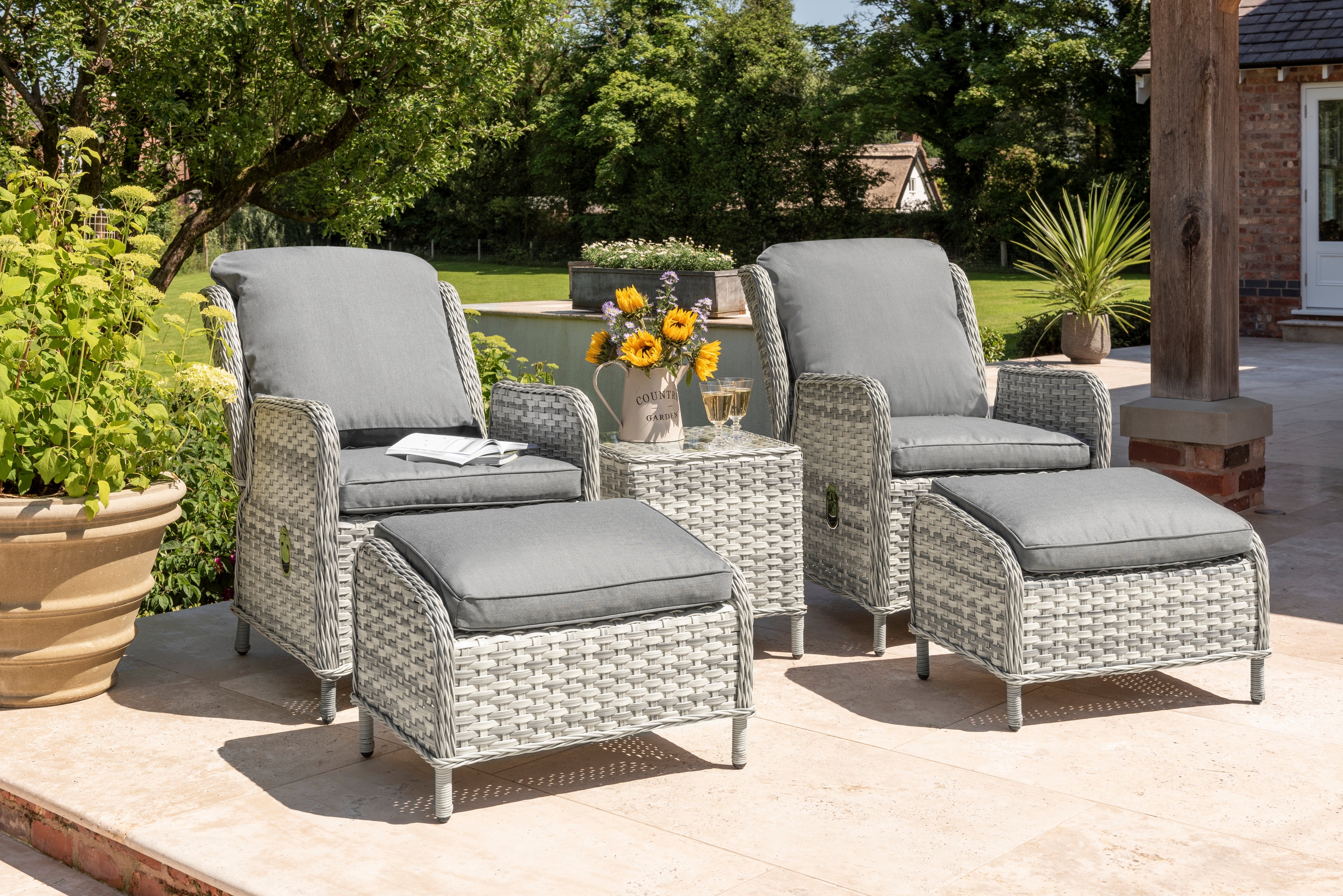 Wroxham Wicker Style Weave Lounge Chairs with Foot Stools & Side Table