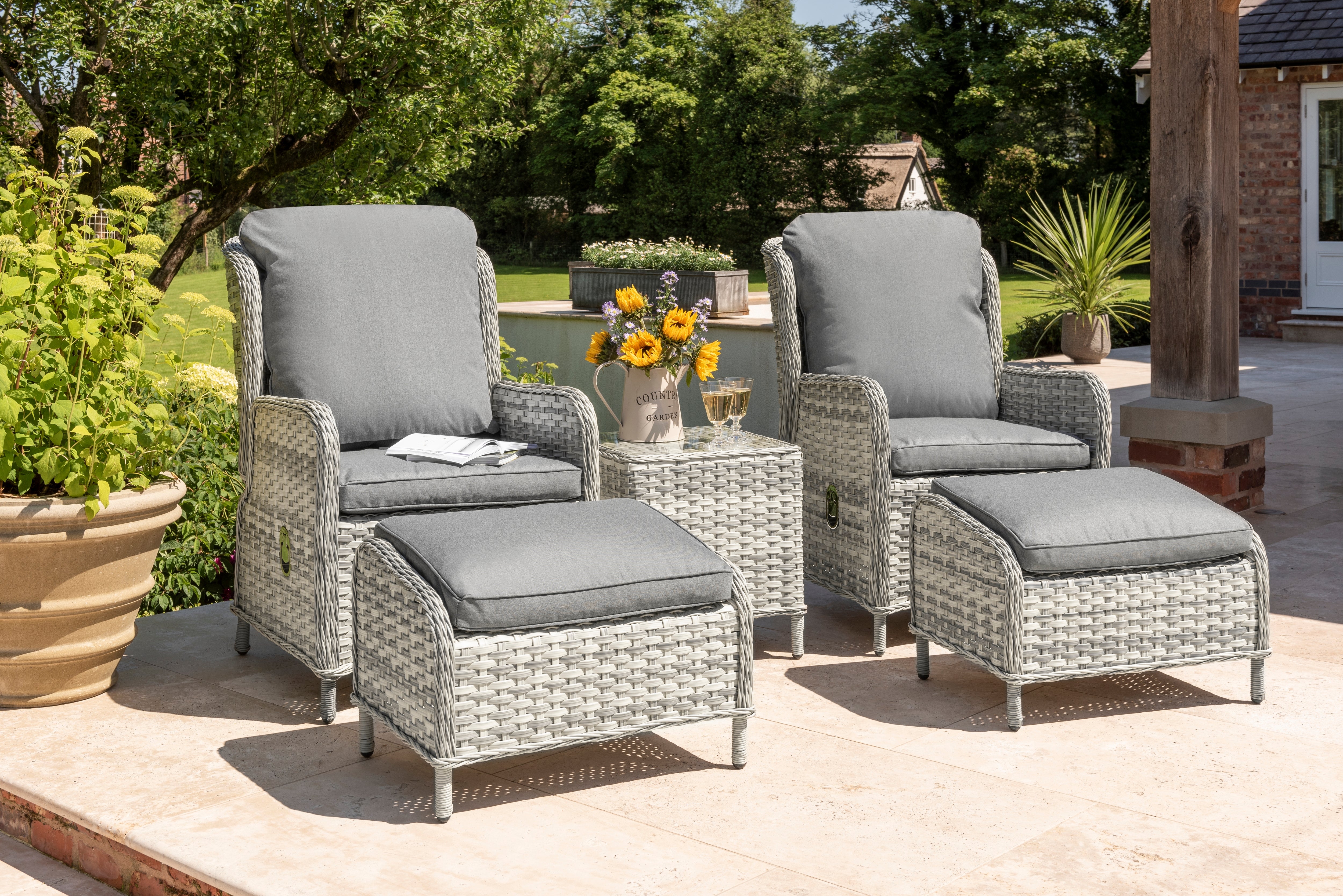 Wroxham Wicker Style Weave Lounge Chairs with Foot Stools & Side Table