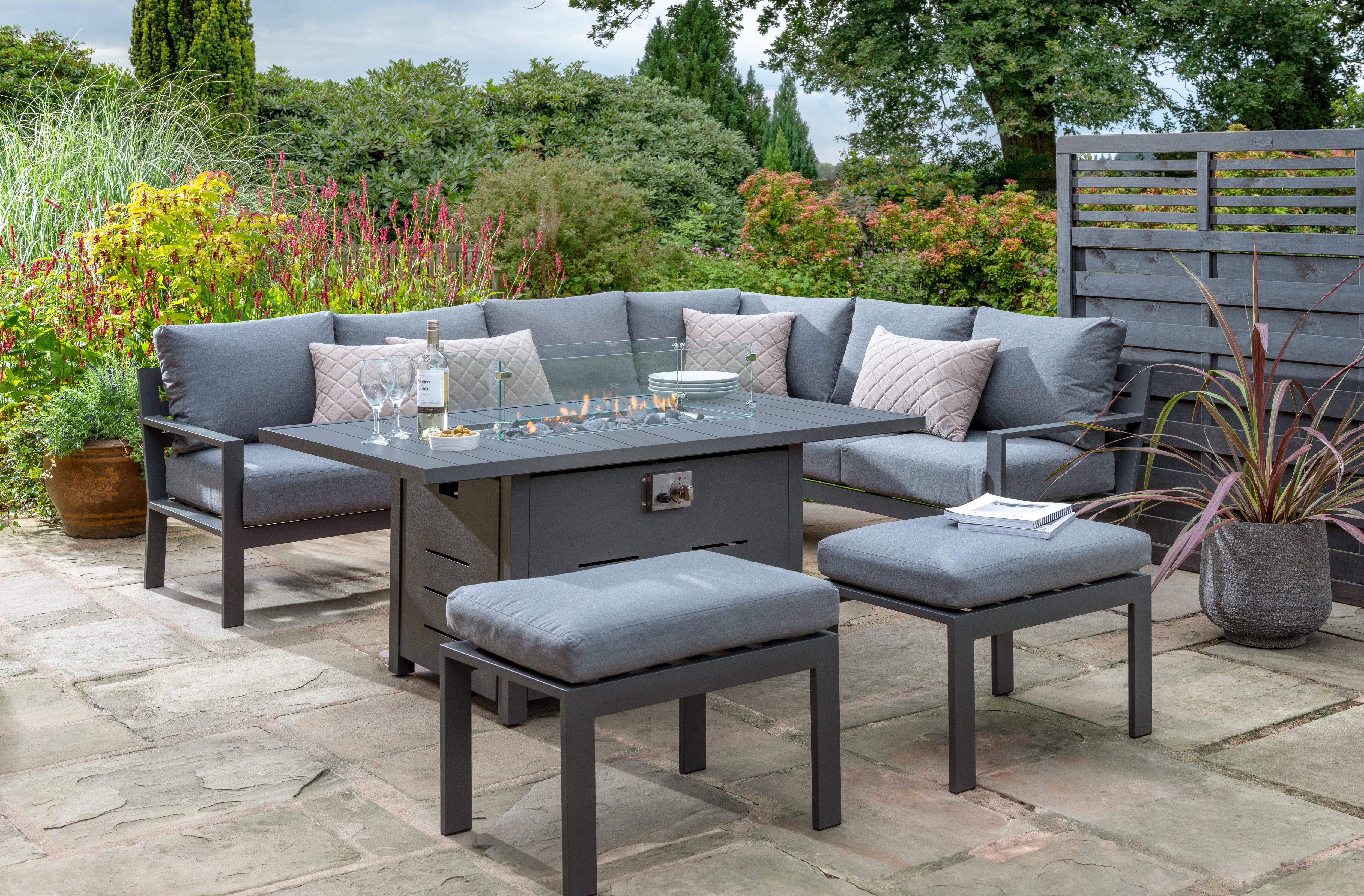 Titchwell Corner 6 Seater Garden Lounge Set with Gas Firepit Table & Stools