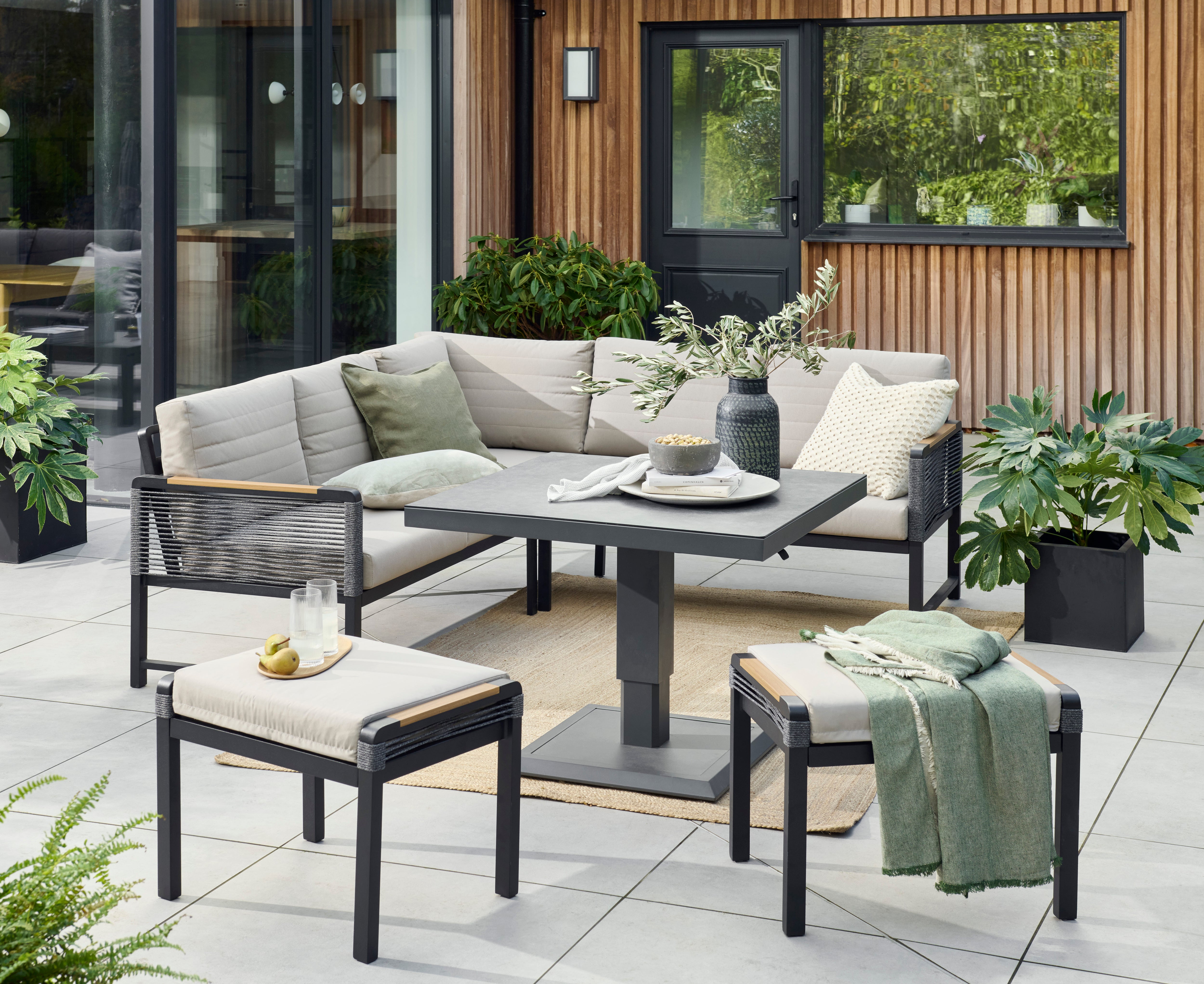 Bellmount Mini Garden Corner Lounge Set with Height Adjustable Table - Grey Rope & Black Frame