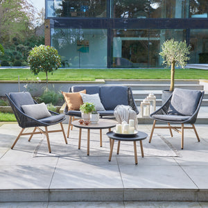 Keswick 3 Seater Garden Lounge Set - Wood Look Aluminium Frame with Black Wicker - Grey Cushions