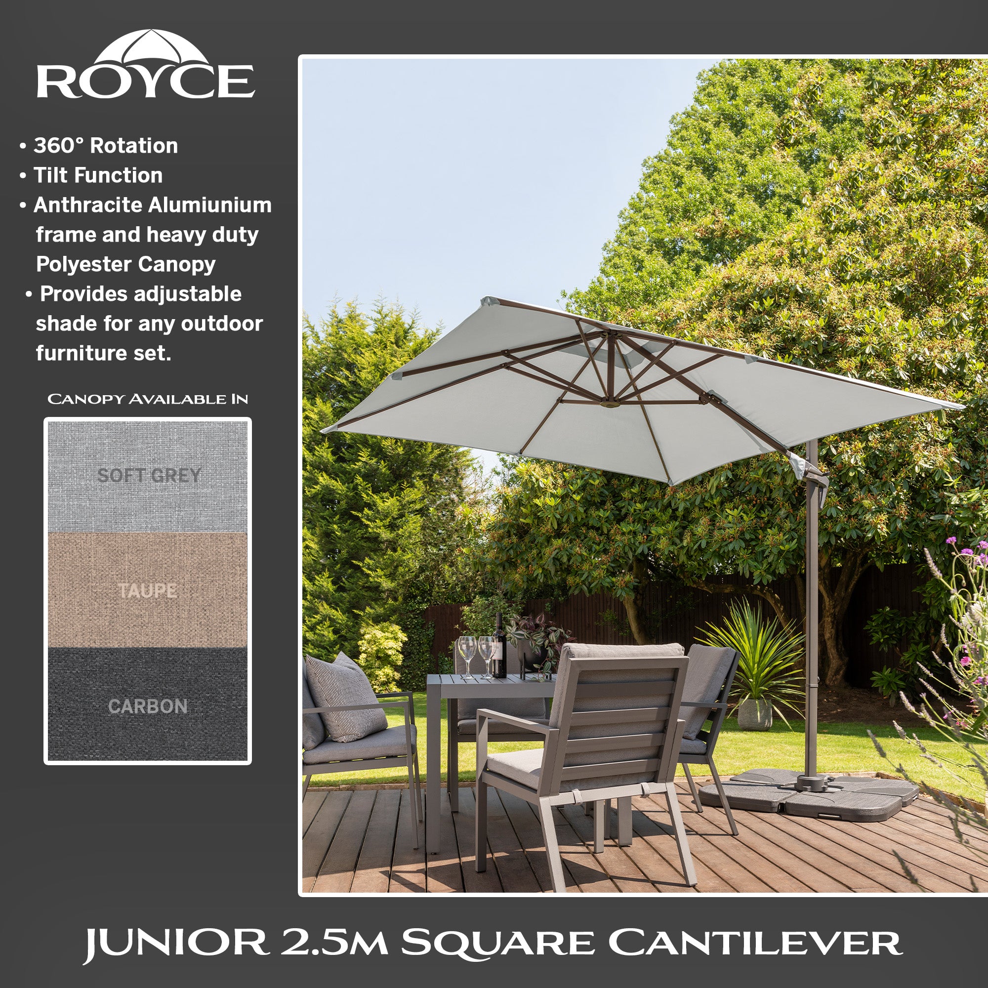 Royce Junior Square 2.5m Carbon Cantilever Parasol & Night Cover