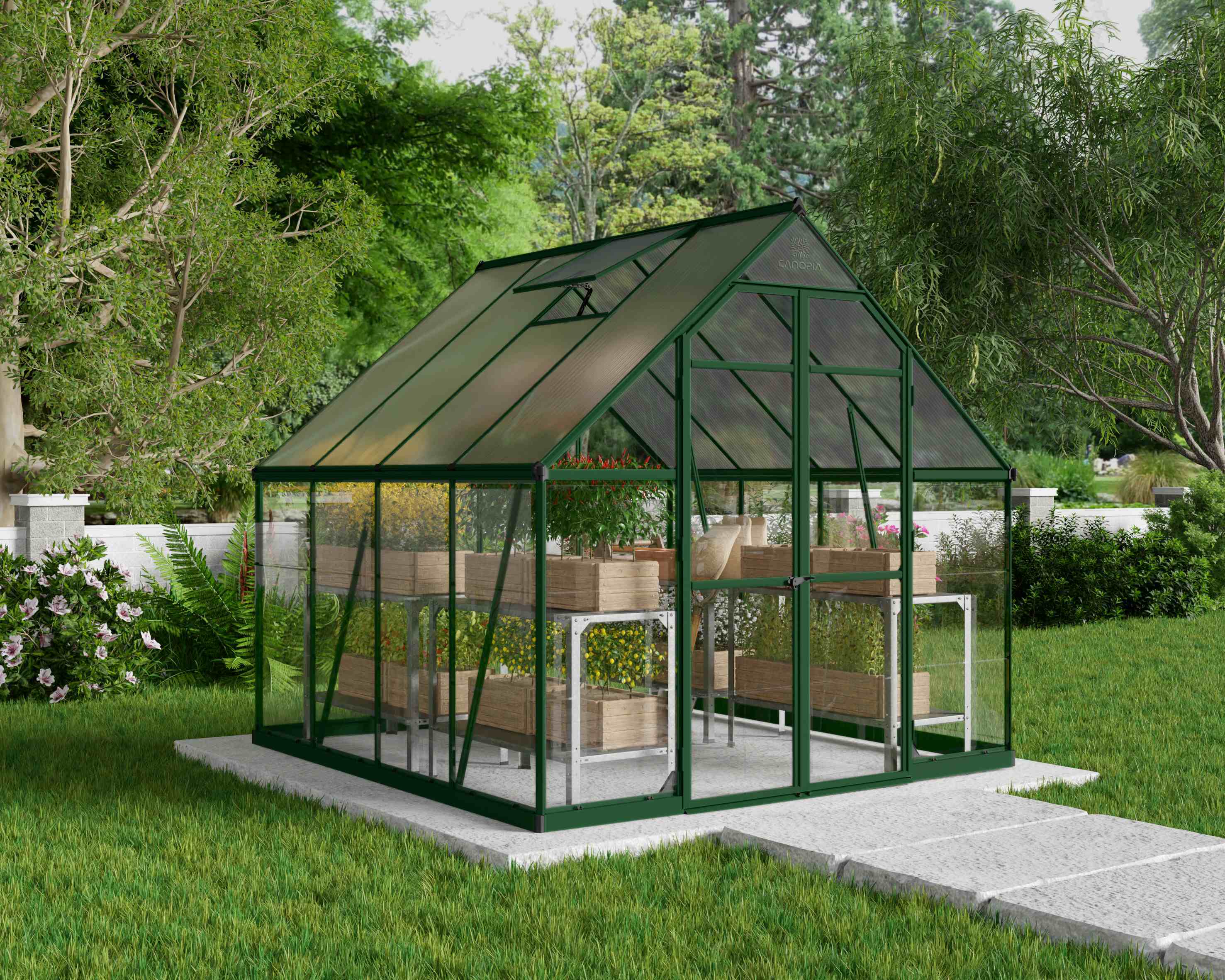 Balance Aluminium Frame 8ft x 8ft Polycarbonate Greenhouse in Green - Canopia by Palram