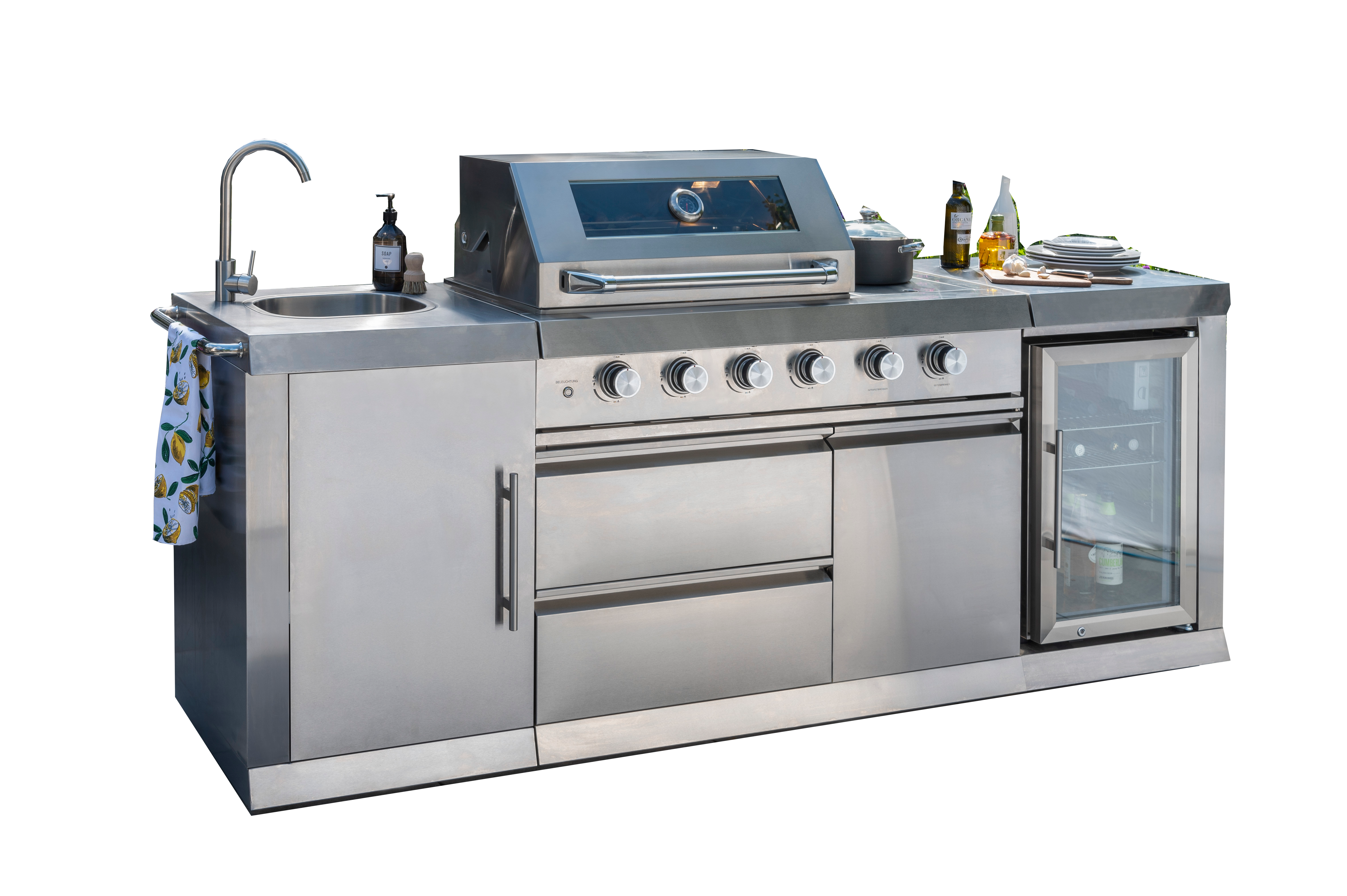 Absolute Pro Outdoor Kitchen Gas BBQ - 4 Burners, Sink, Fridge & Side Burner