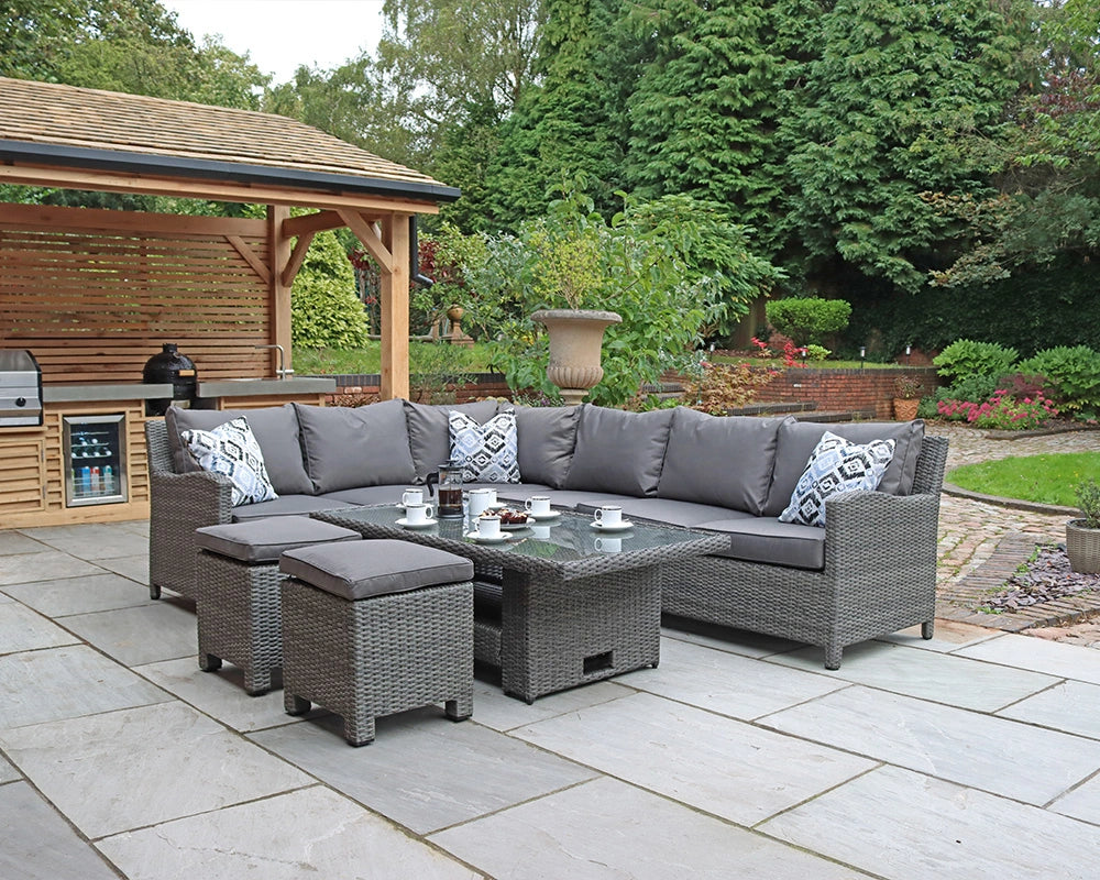 Paris Rattan Modular Corner Lounge Dining Set with Adjustable Height Table - Grey