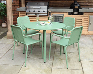 Porto 4 Seater Metal Garden Dining Set with Round 100cm Table & Stacking Chairs - Olive