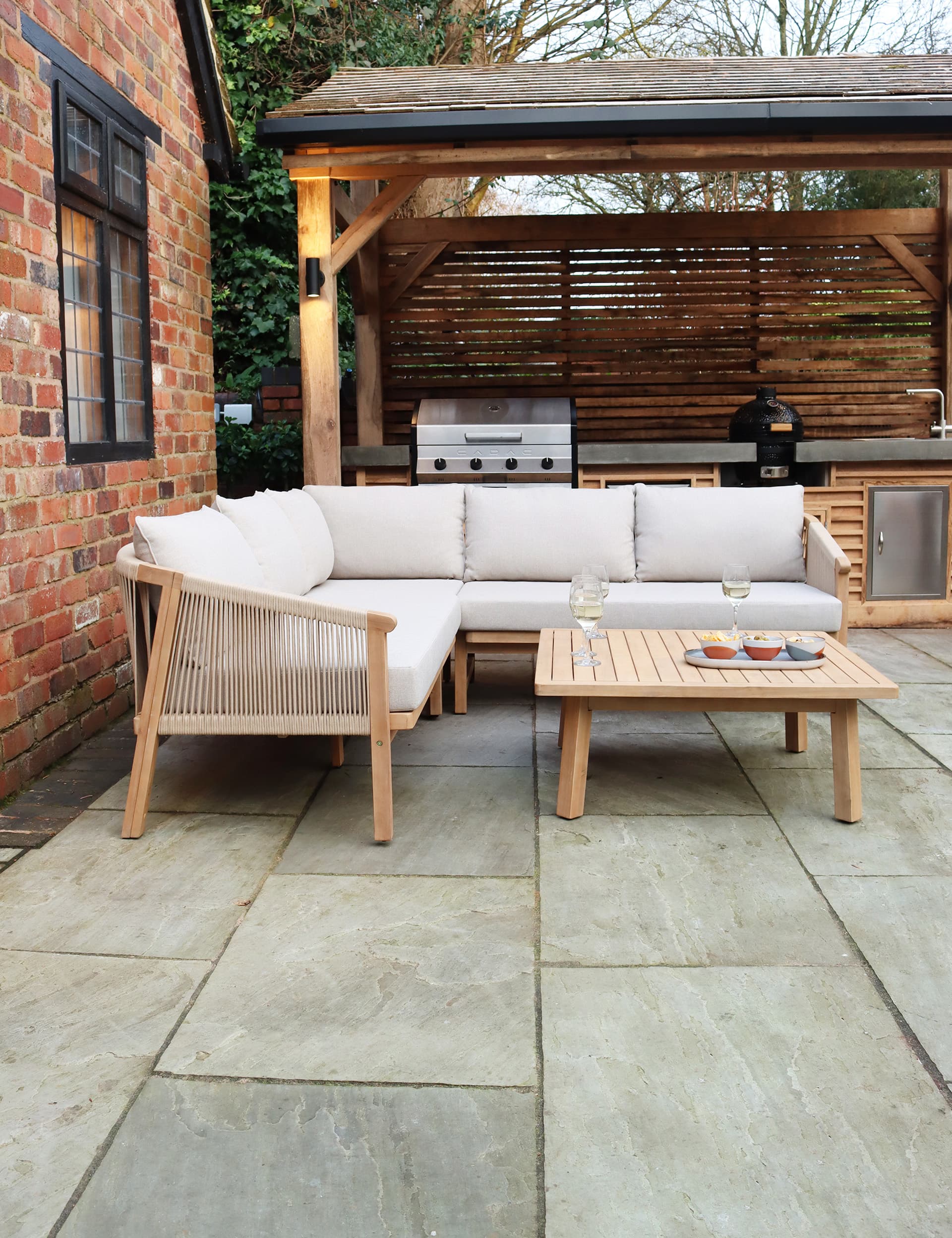 Roma Wooden Garden Corner Lounge Set - L Shaped Corner Sofa with Square Coffee Table