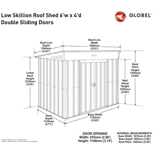 Globel 6x4ft Low Pent Metal Garden Shed - Grey