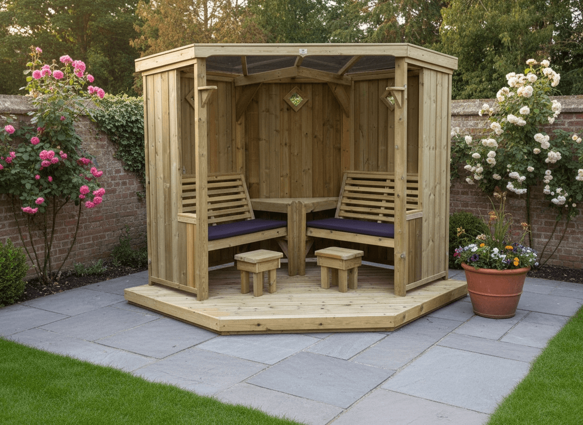 Four Seasons Chunky Wooden Corner Garden Room & Corner Arbour - with Decking
