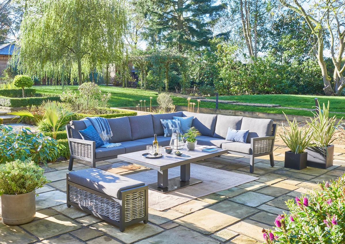 Langham Large Corner Lounge Set with Height Adjustable Table & Bench - Grey (Seats 8)