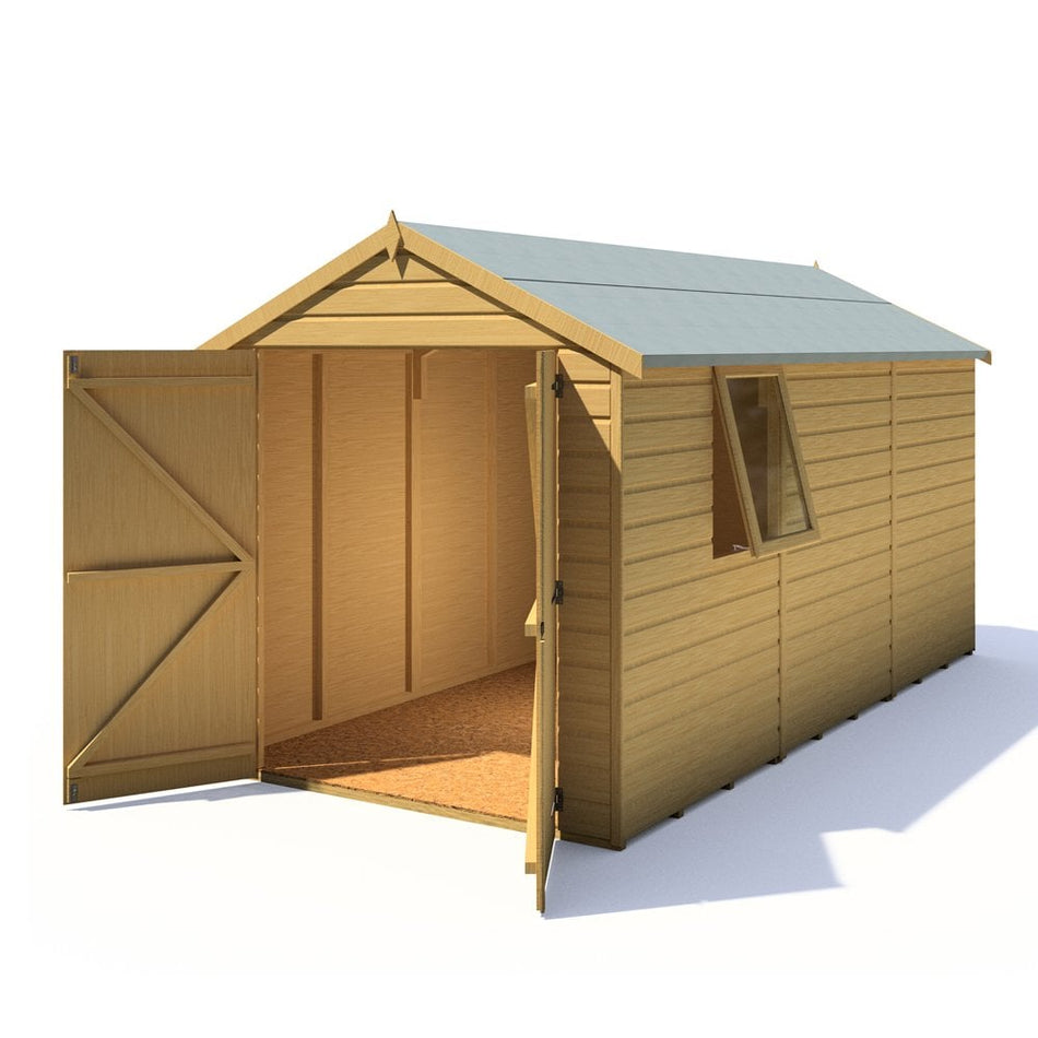 Shire 12x6 Warwick Shiplap Garden Shed with doors open on a white background