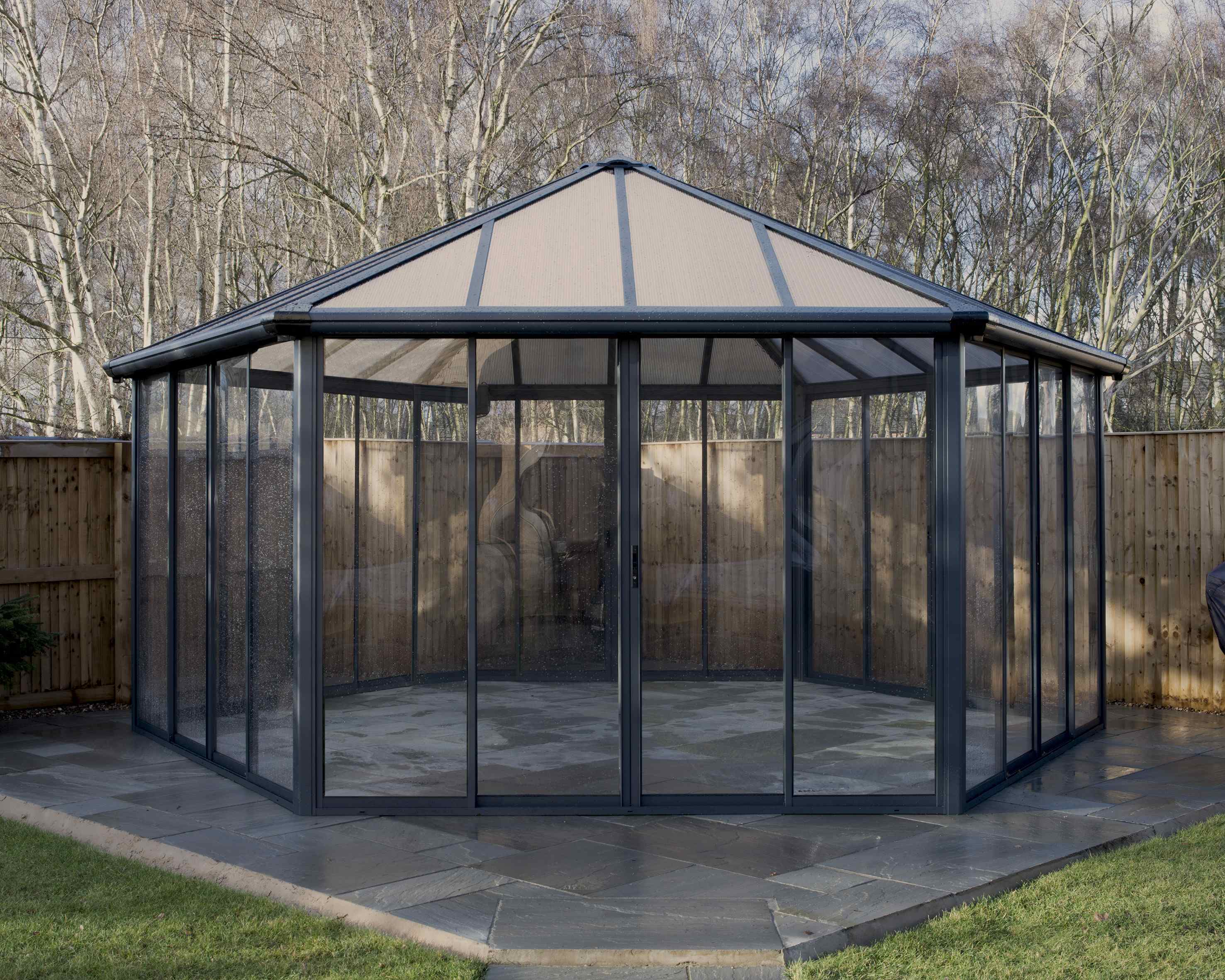 Garda Hexagon Aluminium Garden Grey Gazebo & Petgola with 6 Sliding Double Doors