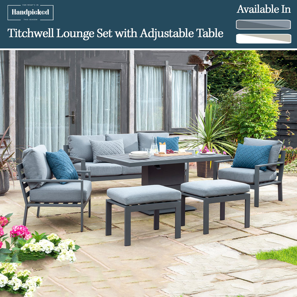 Titchwell Lounge Garden Set with Gas Adjustable Table, 3 Seater Sofa, Lounge Chairs & Stools