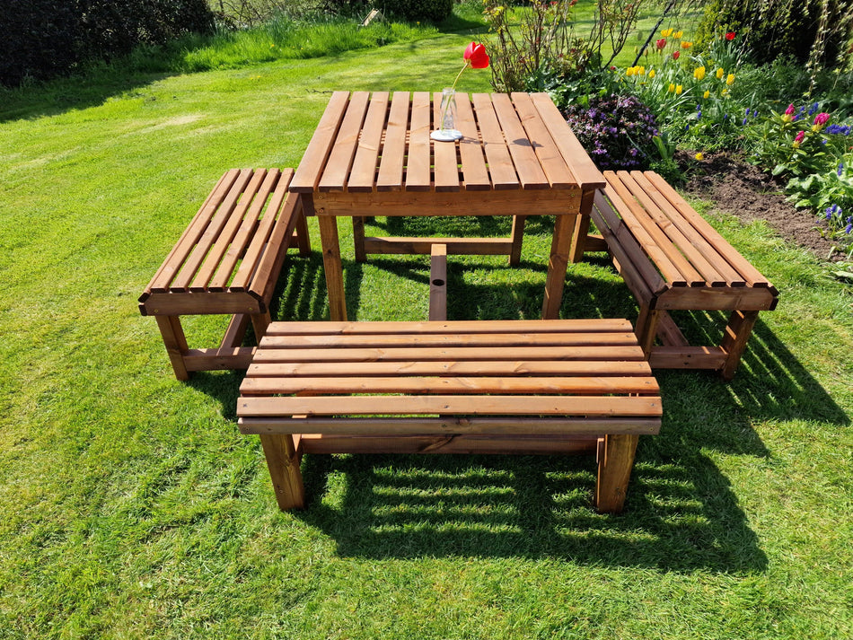 Contemporary Chunky Wooden Large Garden Dining Table And Bench Set - Seats 8