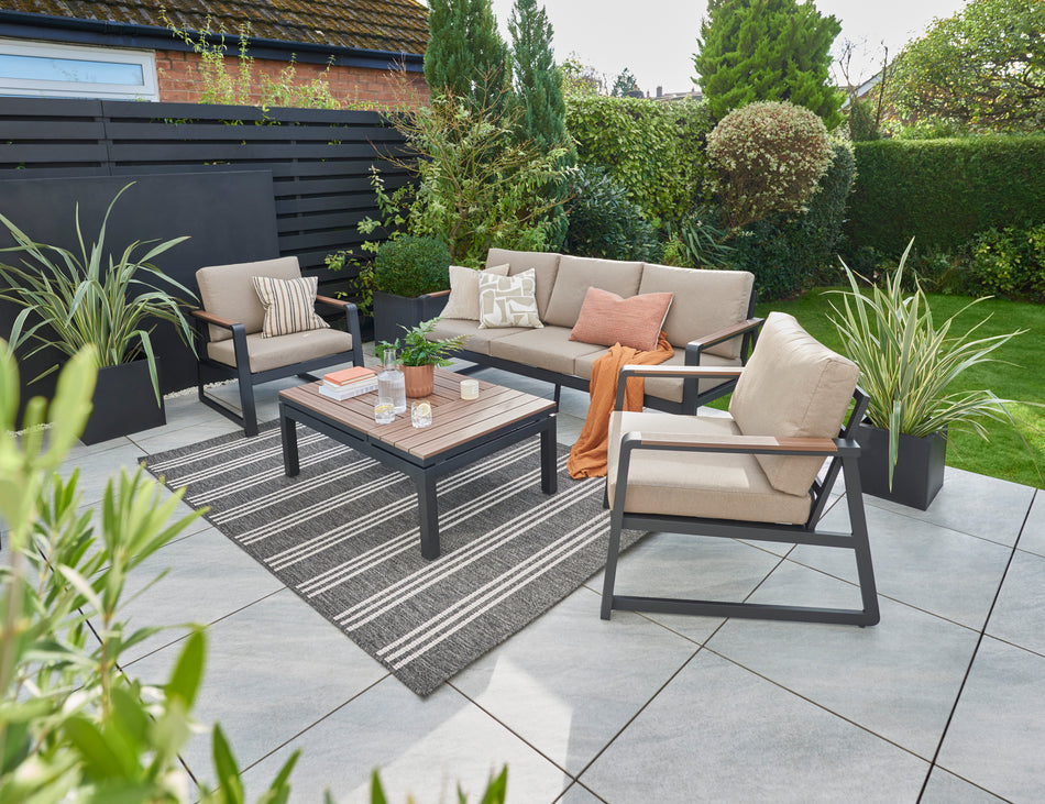 Norfolk Leisure Hemsby 3 Seater Sofa Set With 3 Way Lift Table - Black Aluminium Frame - Walnut Poly Wood - Light Taupe Cushions