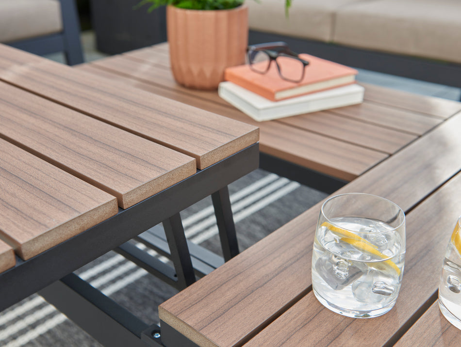 Norfolk Leisure Hemsby 3 Seater Sofa Set With 3 Way Lift Table - Black Aluminium Frame - Walnut Poly Wood - Light Taupe Cushions