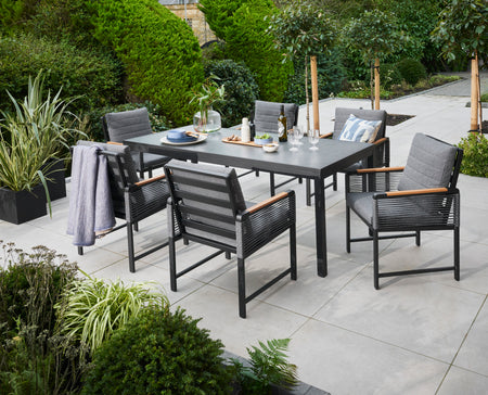 Bellmount 6 Seater Garden Dining Set - Black Alumnium Frame & Grey Cushions