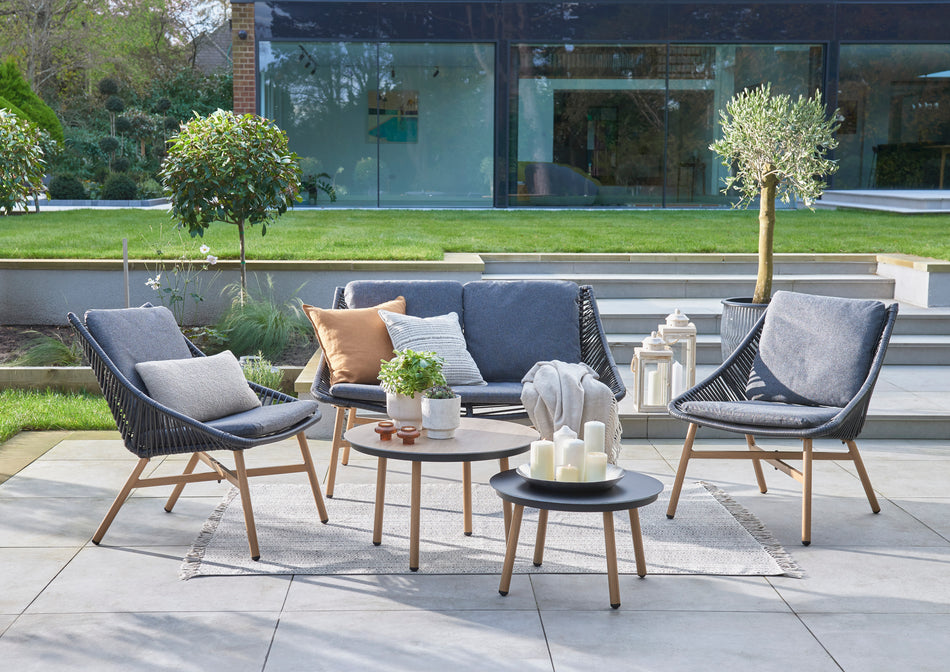 Keswick 3 Seater Garden Lounge Set - Wood Look Aluminium Frame with Black Wicker - Grey Cushions