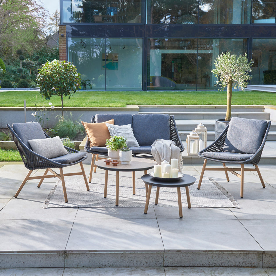 Keswick 3 Seater Garden Lounge Set - Wood Look Aluminium Frame with Black Wicker - Grey Cushions