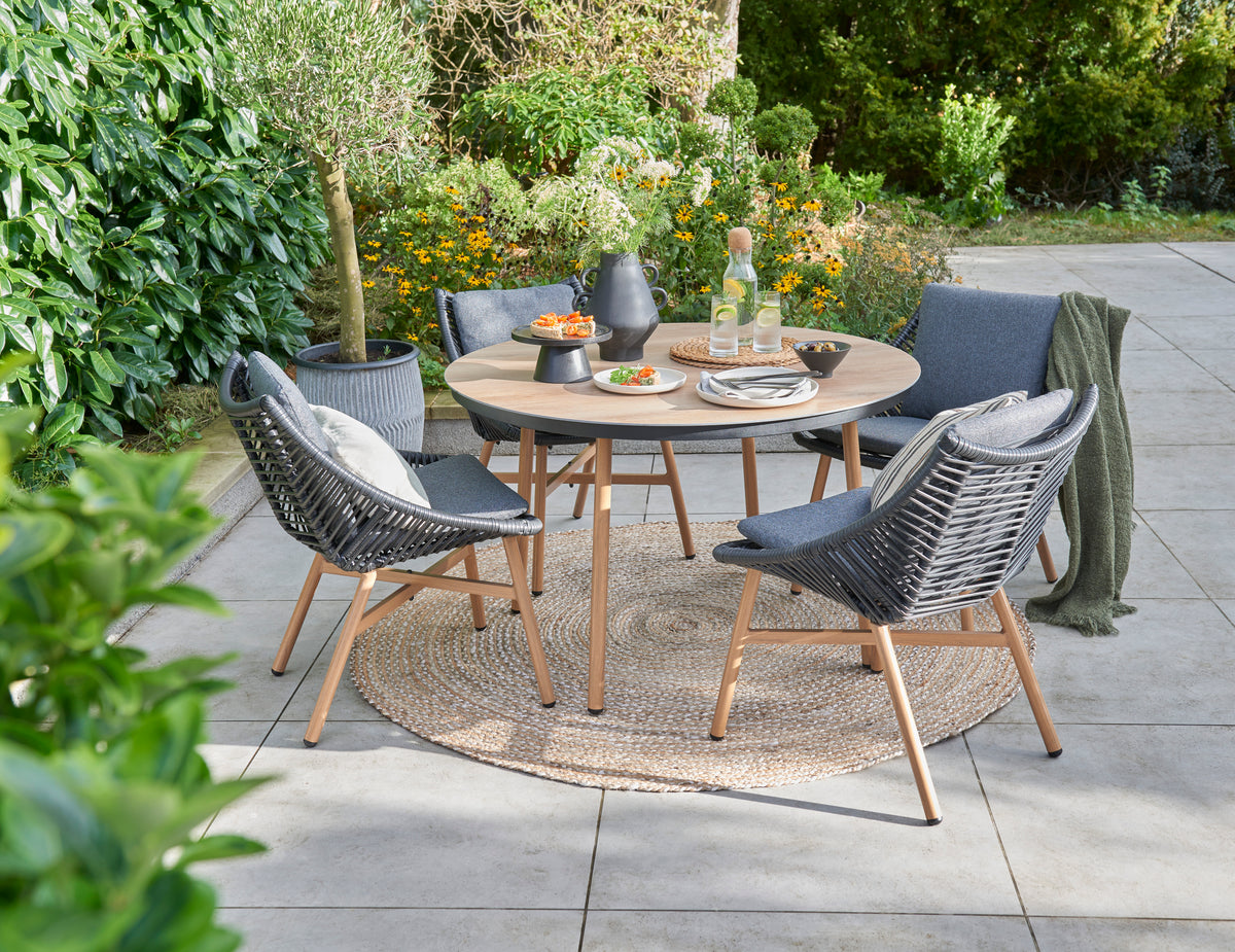Keswick 4 Seater Garden Dining Set - Wood Look Aluminium Frame with Black Wicker