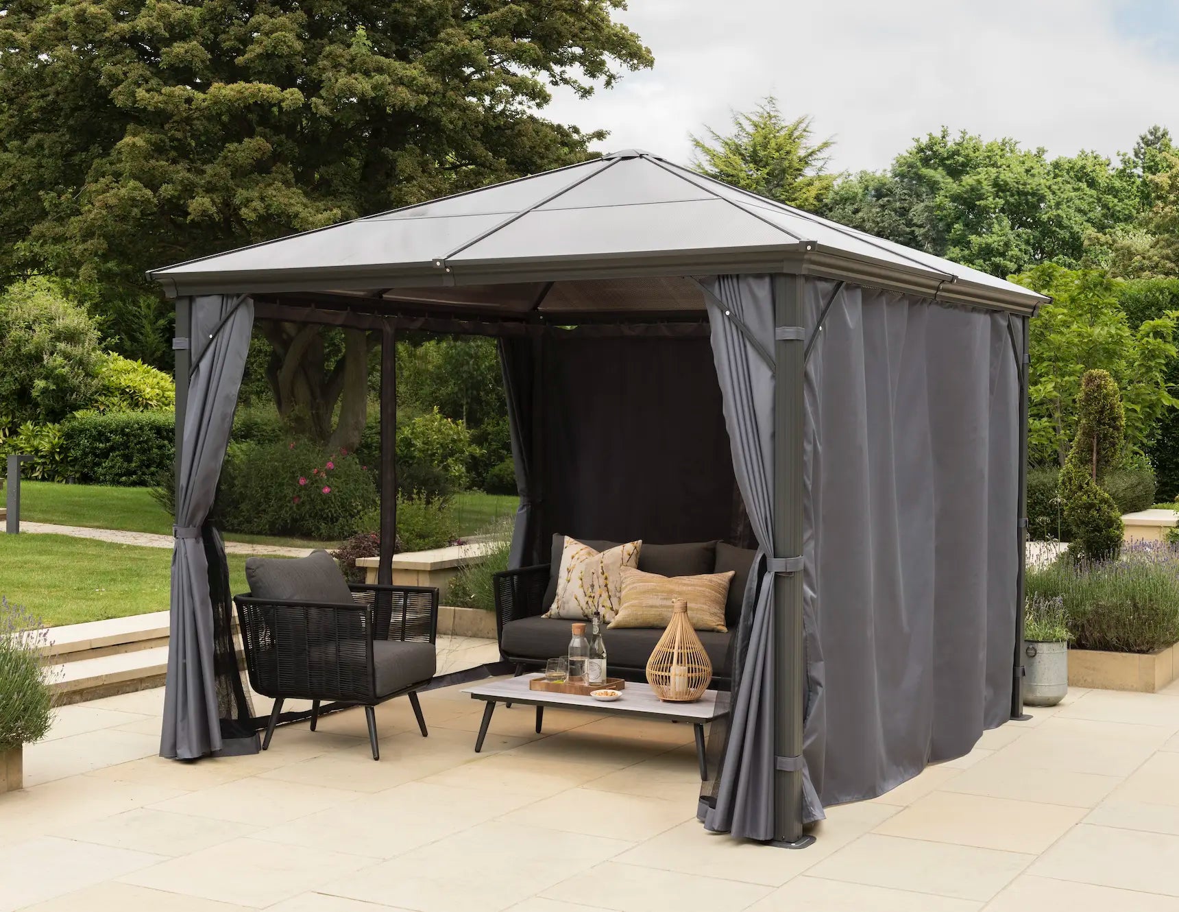 Runcton Polycarbonate 3.6m Aluminium Pergola Gazebo with Curtains