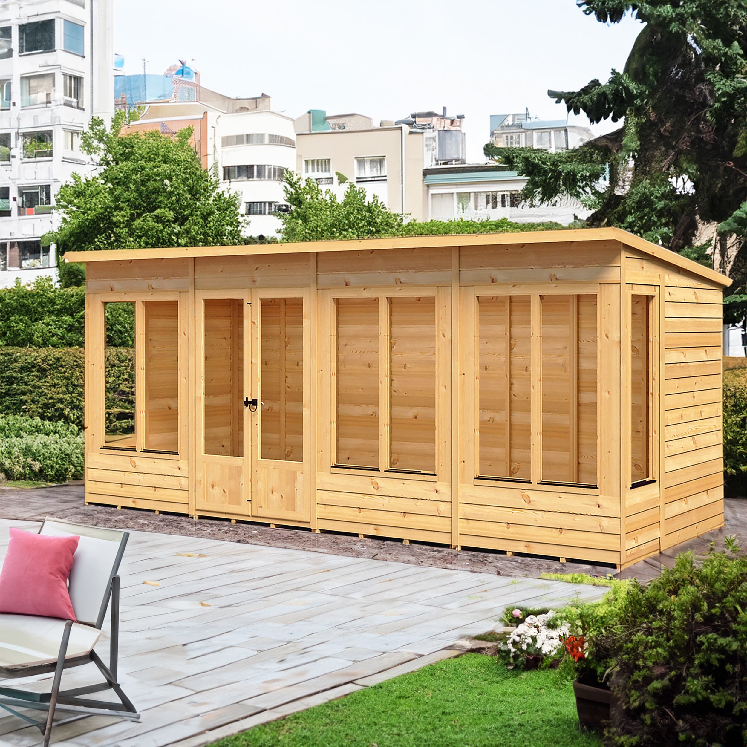 Alora 16x6 Large Wooden Overlap Pent Summerhouse with Double Doors