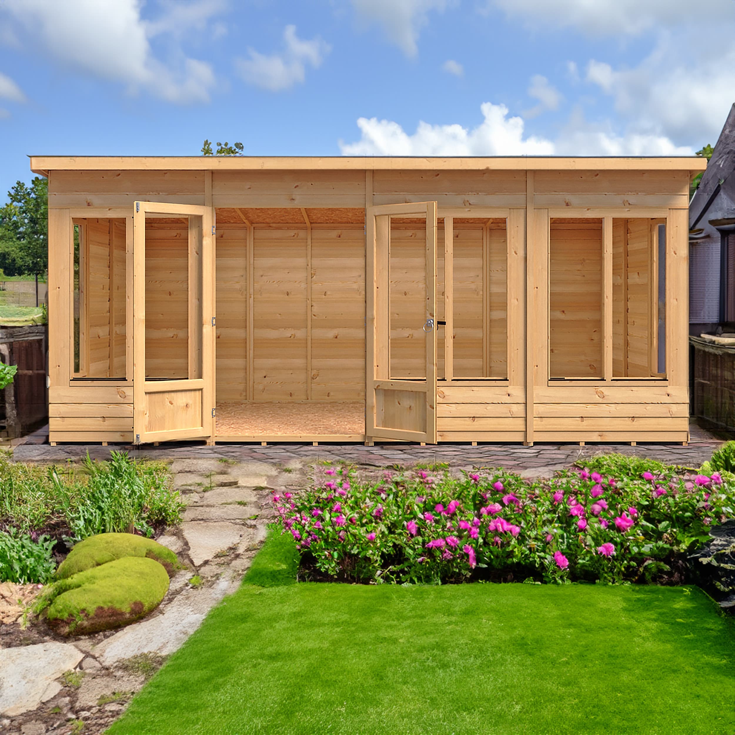 Alora 16x6 Large Wooden Overlap Pent Summerhouse with Double Doors