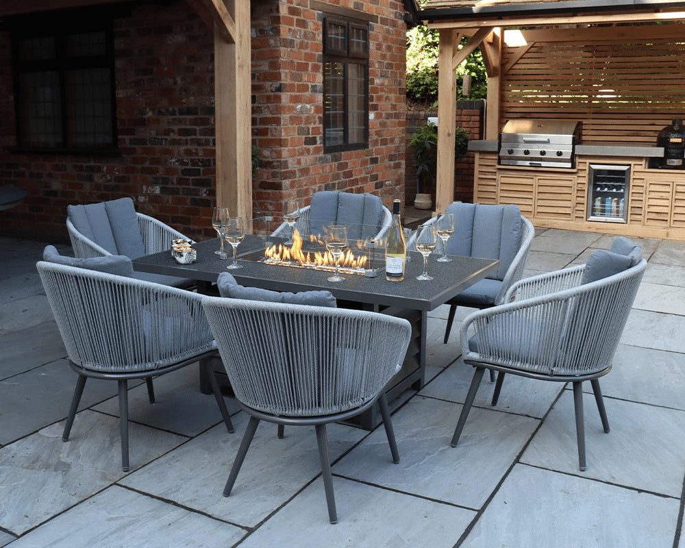 Aspen 6 Seater Aluminium Fire Pit Garden Dining Set with 150x90cm Table