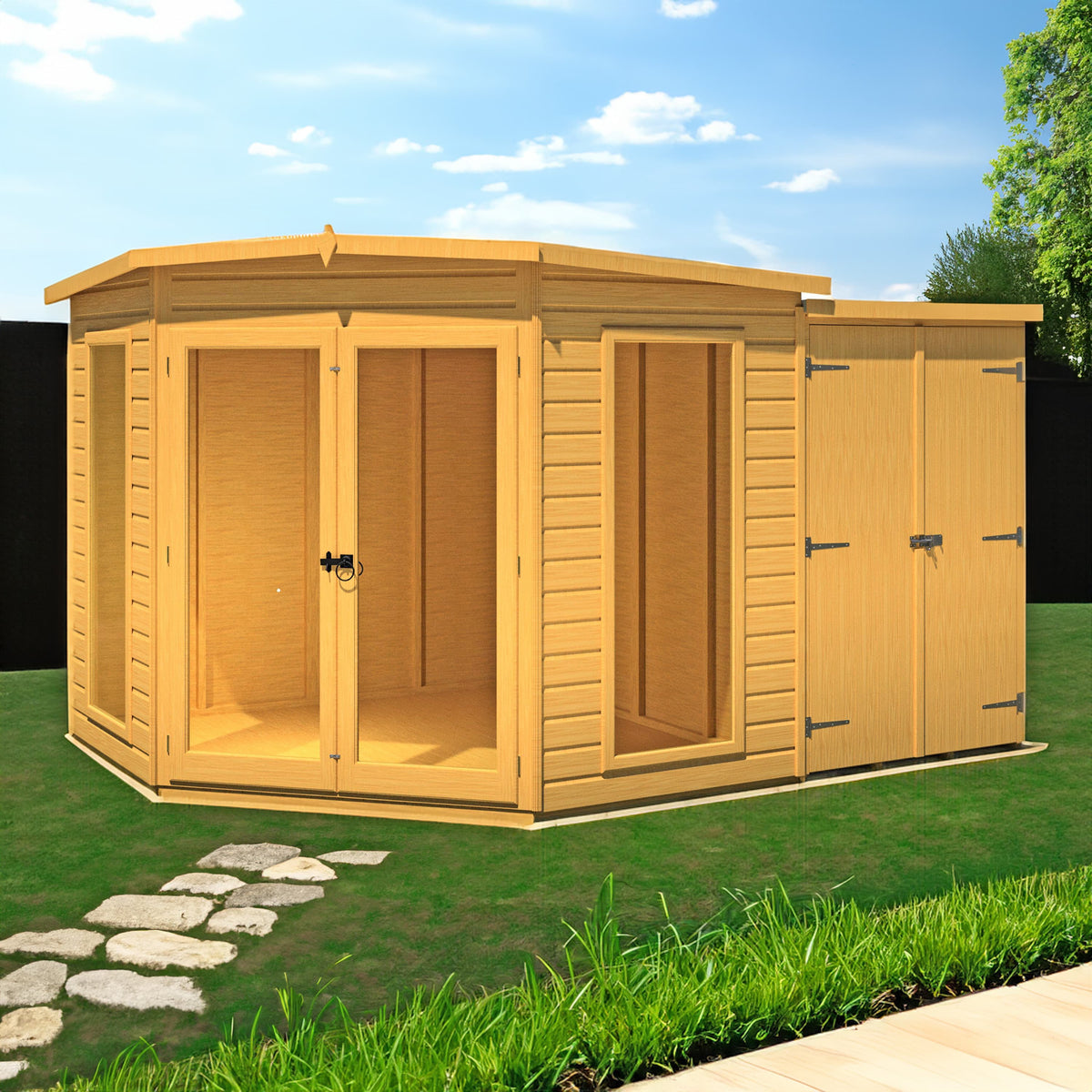 Barclay 7x11 Corner Summerhouse with Side Shed and Double Doors