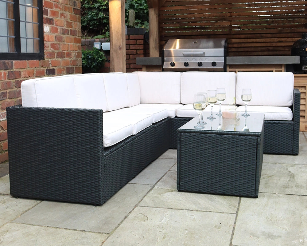 
Berlin Black Rattan Corner Garden Lounge Set - 3 Seater & 2 Seater Sofa & Armless Chair
