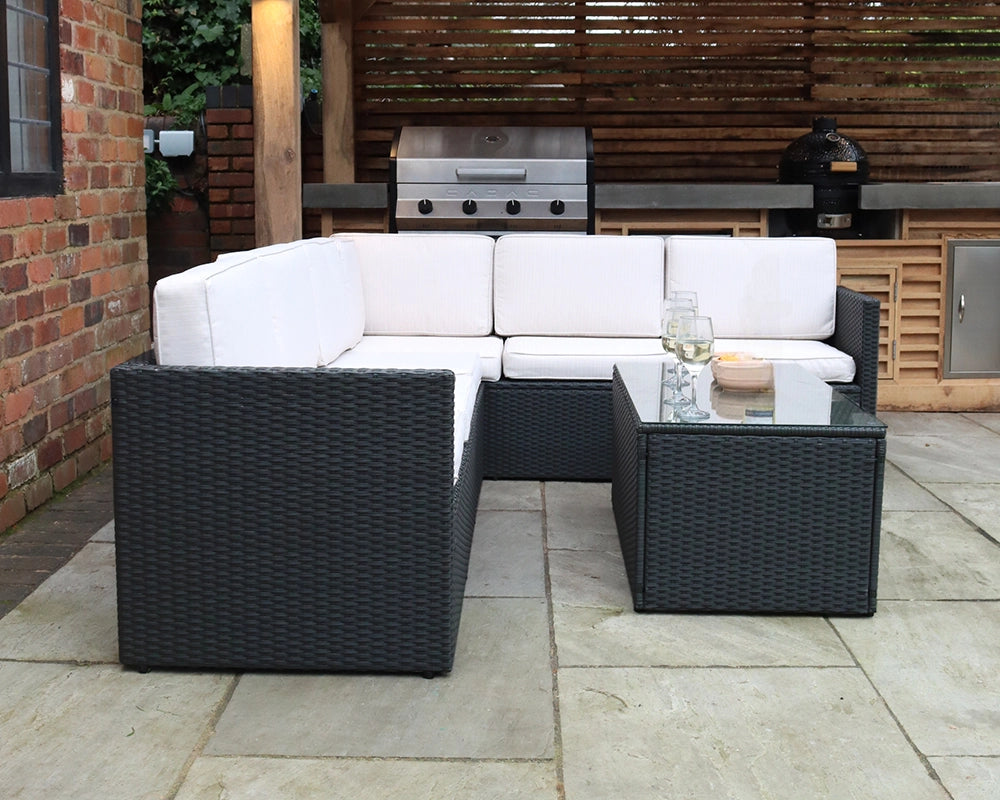 Berlin Black Rattan Corner Garden Lounge Set - 3 Seater & 2 Seater Sofa & Armless Chair