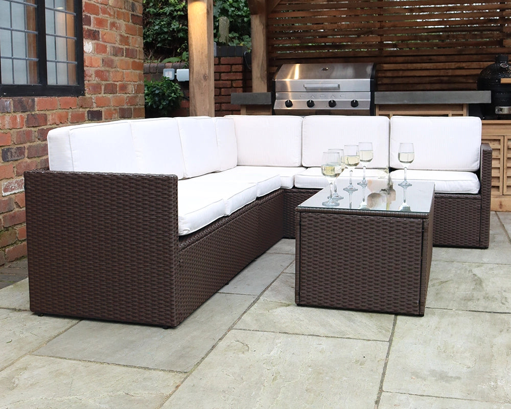 Berlin Brown Rattan Corner Garden Lounge Set - 3 Seater & 2 Seater Sofa & Armless Chair