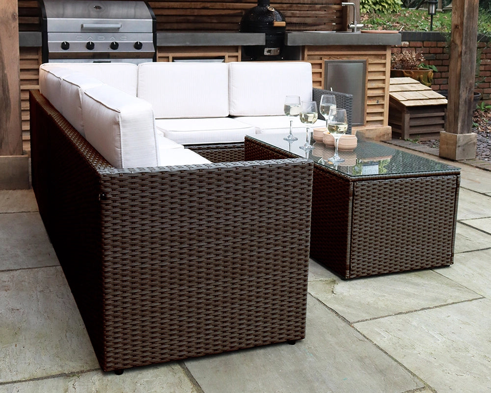 Berlin Brown Rattan Corner Garden Lounge Set - 3 Seater & 2 Seater Sofa & Armless Chair