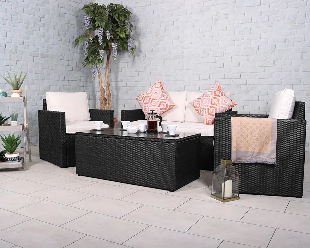 Berlin Black Rattan Garden Lounge Set -  2 Seater Sofa, 2 Armchairs & Table