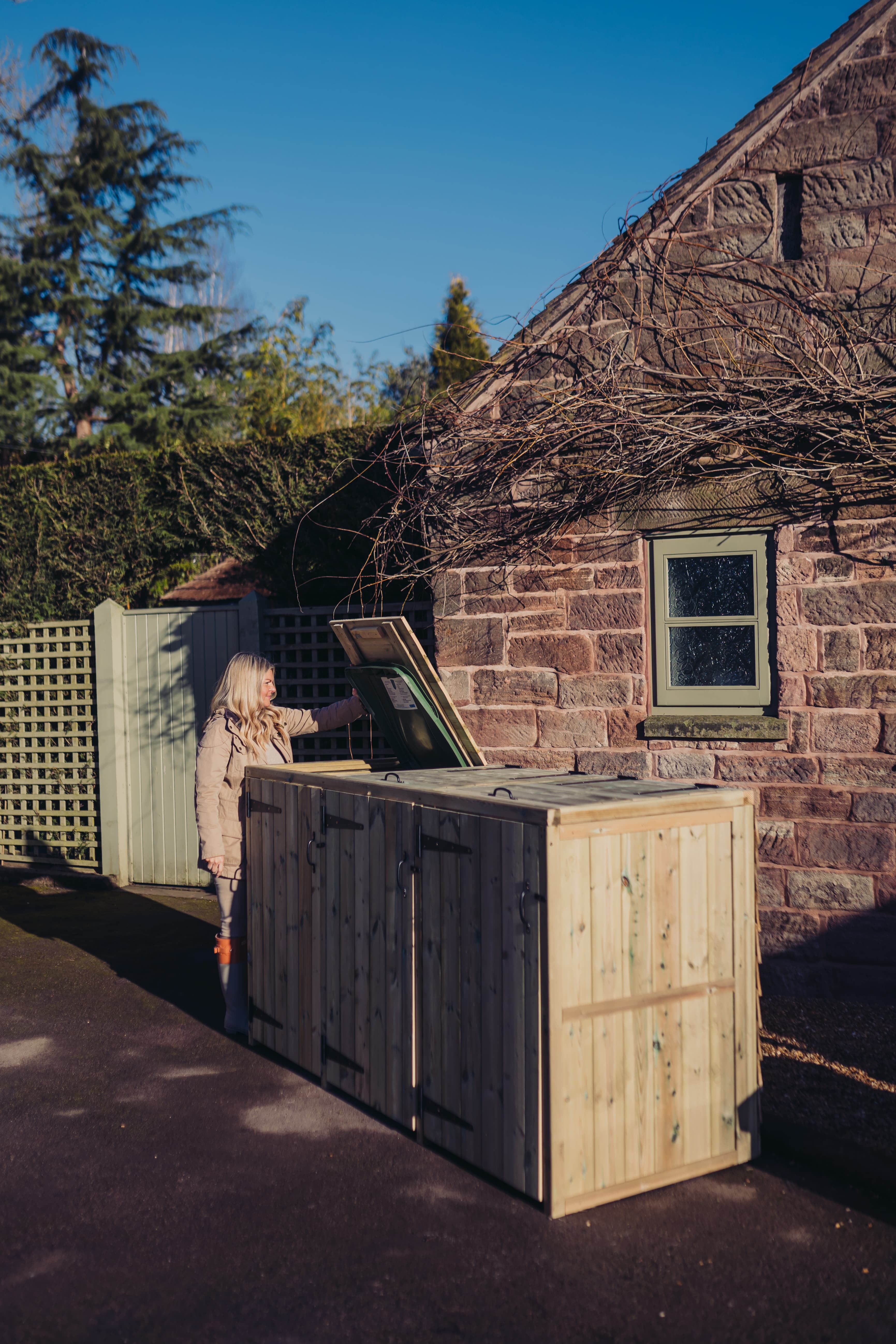 Deluxe Wooden Triple Wheelie Bin Store - Churnet Valley