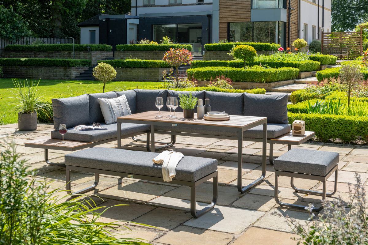 Billingford Large Garden Corner Lounge Set - Aluminium Frame with Poly Wood Table Top and Sides - Grey Cushions