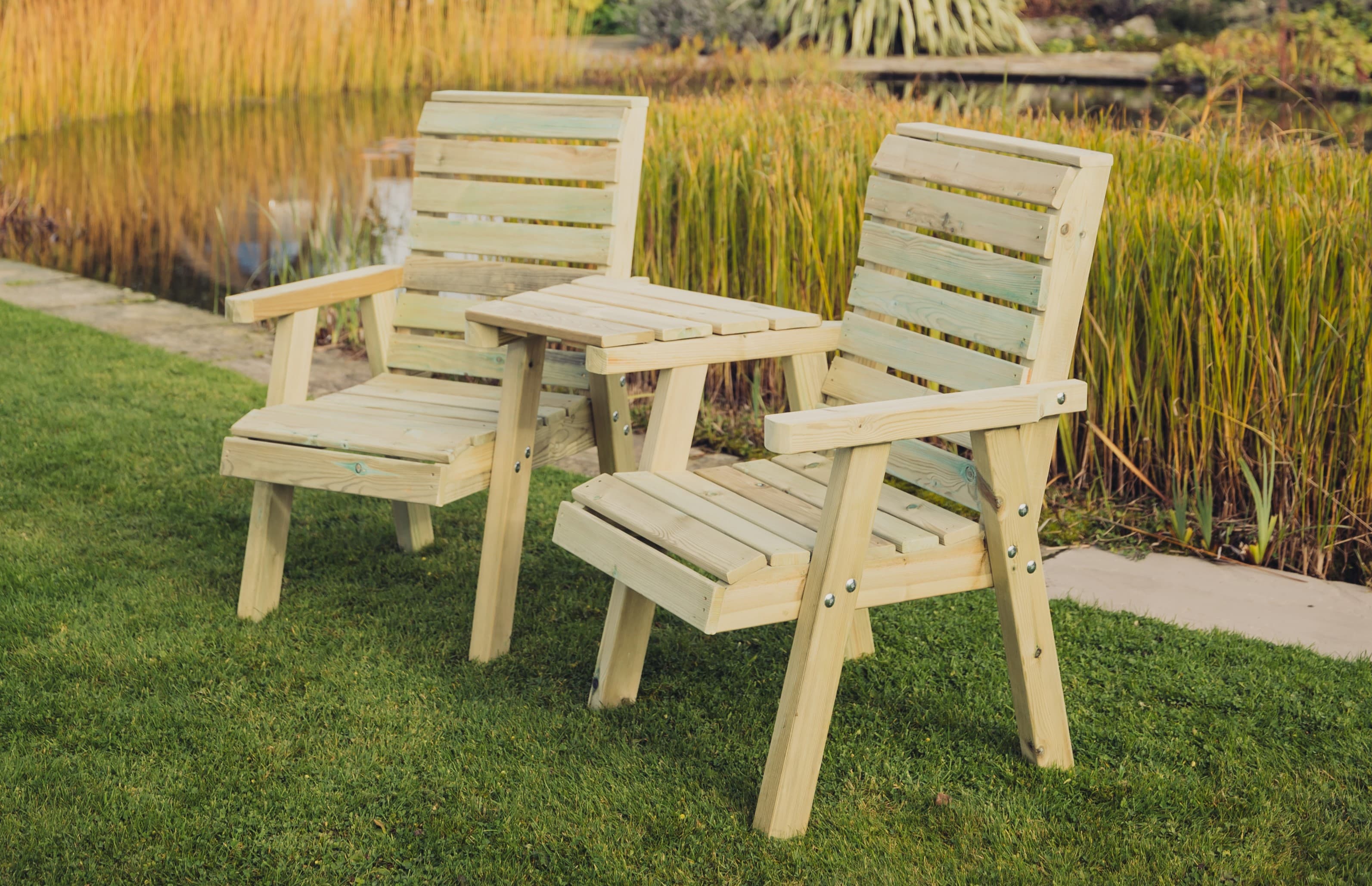 Clover Chunky Wooden Love Seats With Angled Central Tray Table - Churnet Valley