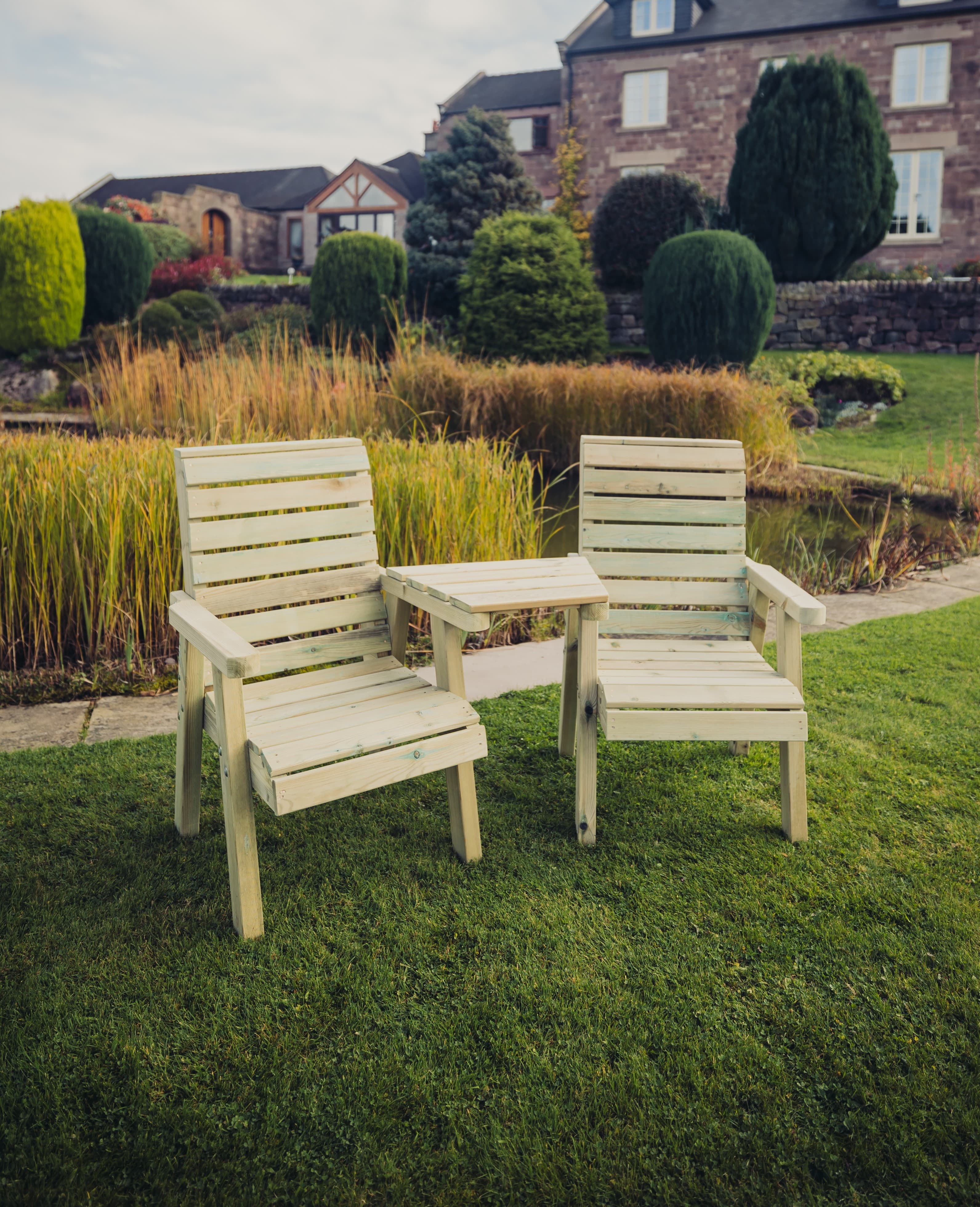 Clover Chunky Wooden Love Seats With Angled Central Tray Table - Churnet Valley