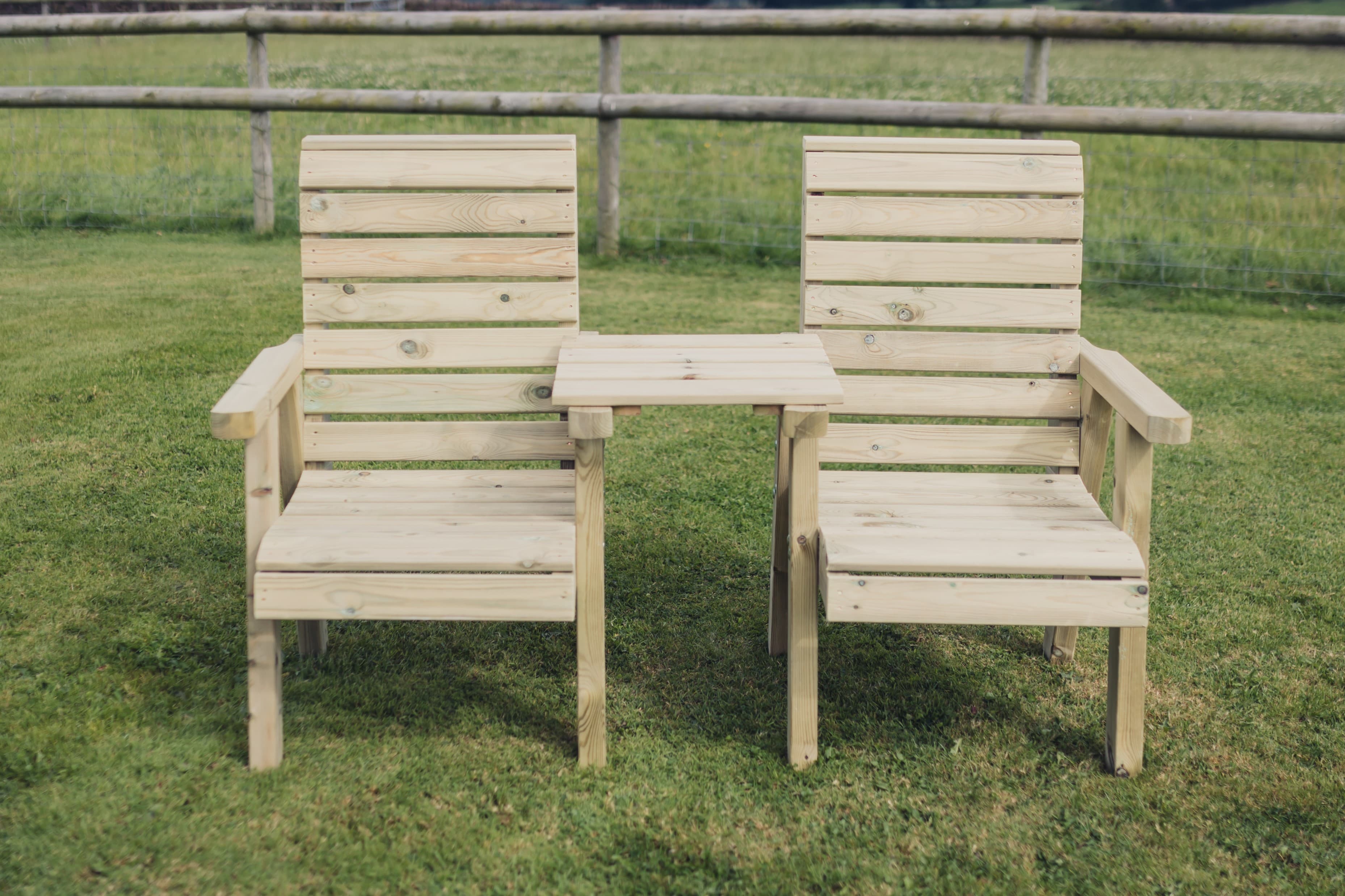 Clover Chunky Wooden Love Seats With Straight Central Tray Table - Churnet Valley