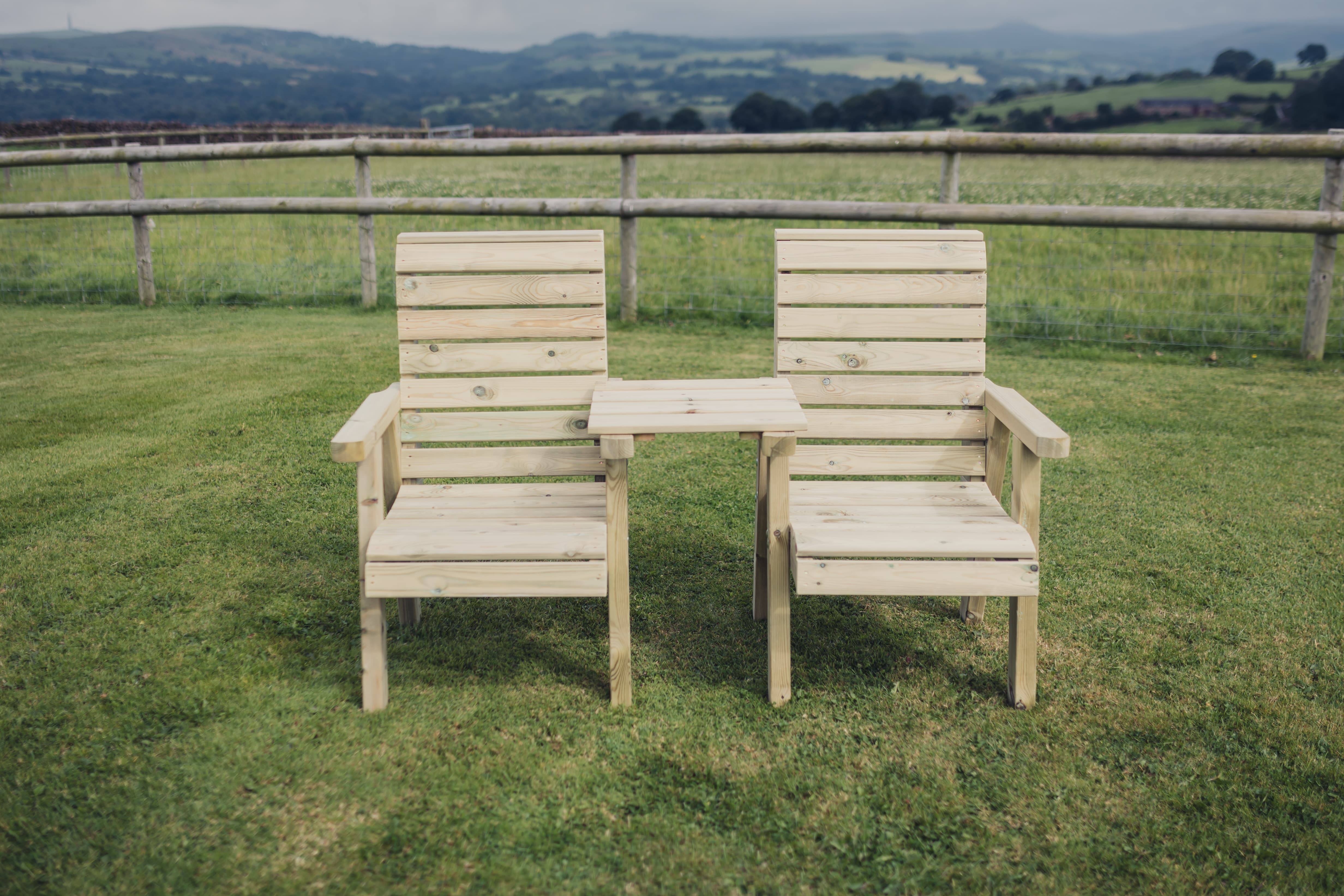 Clover Chunky Wooden Love Seats With Straight Central Tray Table - Churnet Valley