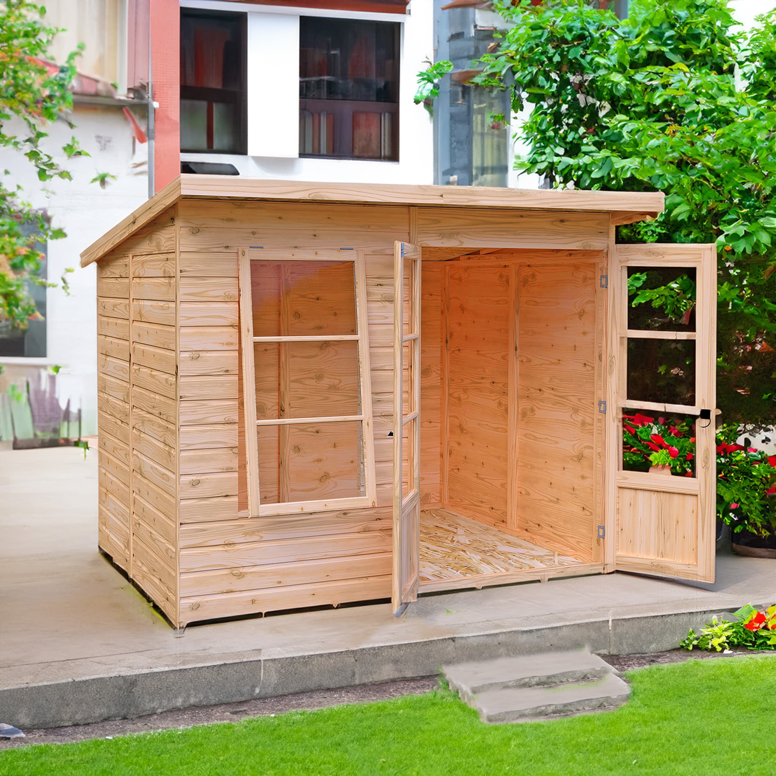 Dahlia 8x6 Small Wooden Overlap Pent Summerhouse with Double Doors