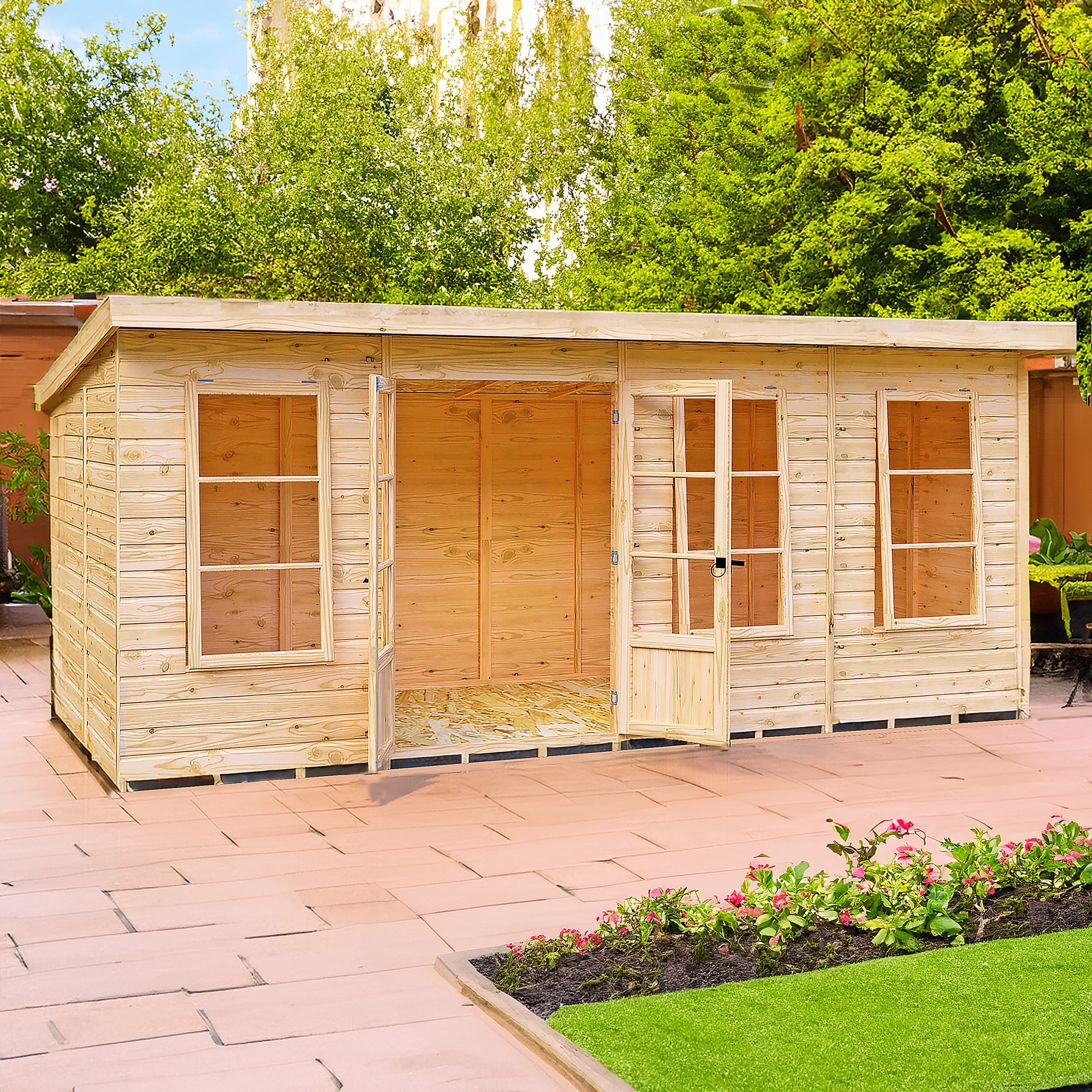 Dahlia 16x6 Large Wooden Overlap Pent Summerhouse with Double Doors