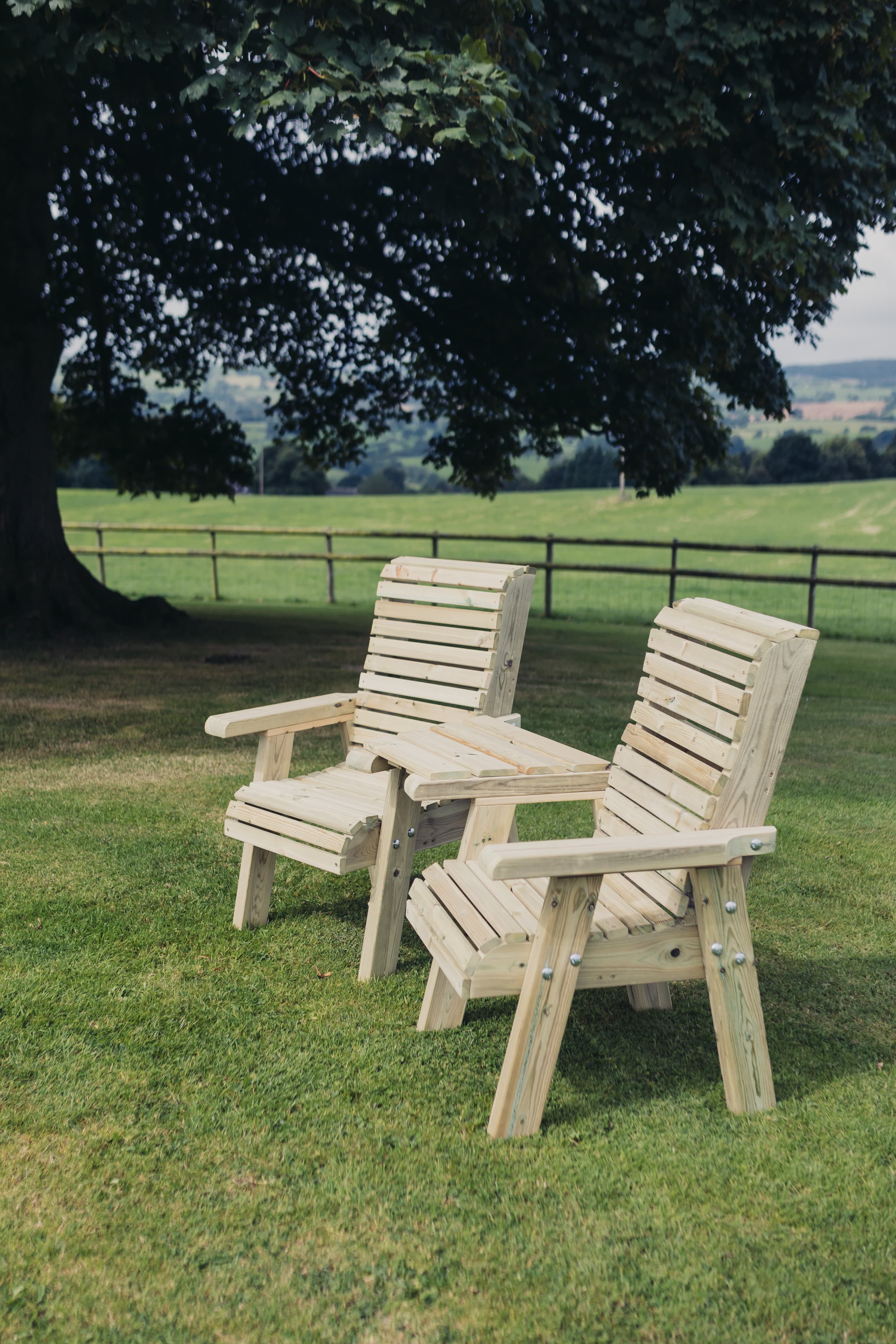 Ergo Chunky Wooden Garden Love Seat with Angled Central Tray - Churnet Valley