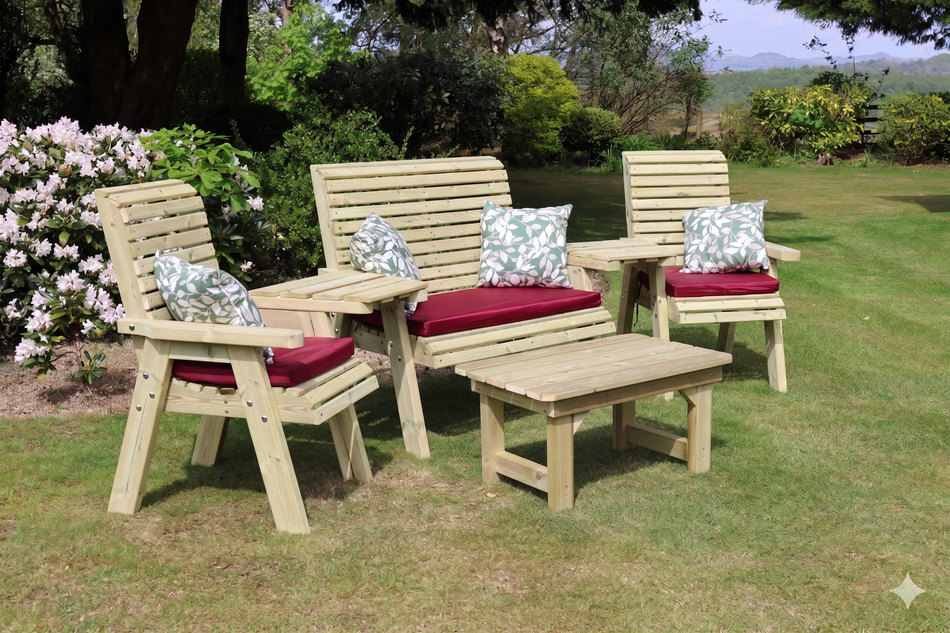 Ergo Chunky Wooden Multi Love Seat Set - 2 Chairs, 1 Bench & Coffee Table