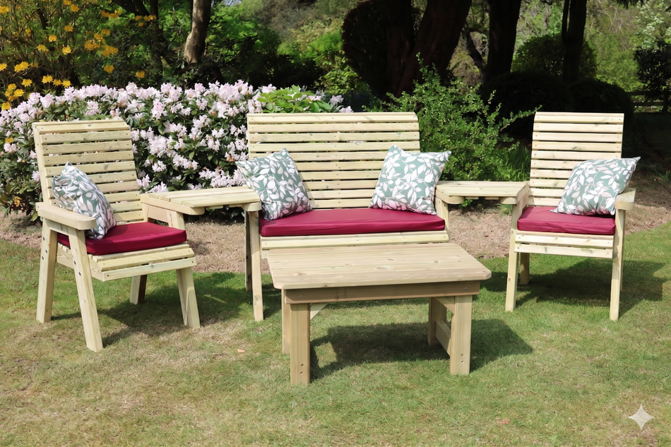 Ergo Chunky Wooden Multi Love Seat Set - 2 Chairs, 1 Bench & Coffee Table