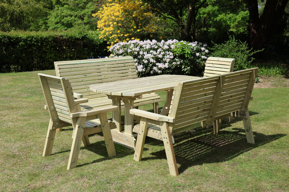 Ergo 8 Seat Chunky Wooden Garden Dining Table Set with 2 Benches & 2 Chairs