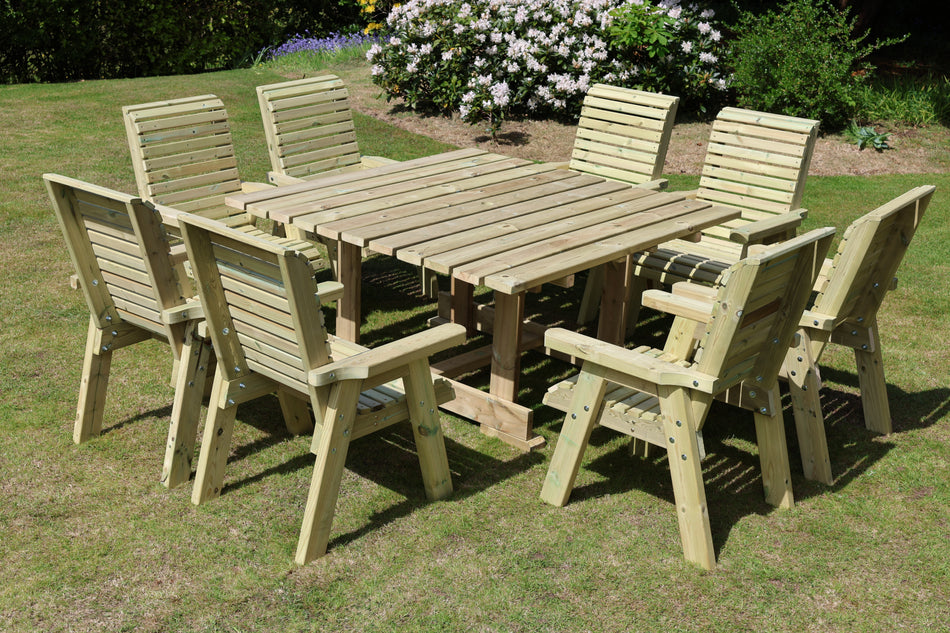 Ergo 8 Seat Chunky Wooden Garden Dining Table Set - 8 Chairs